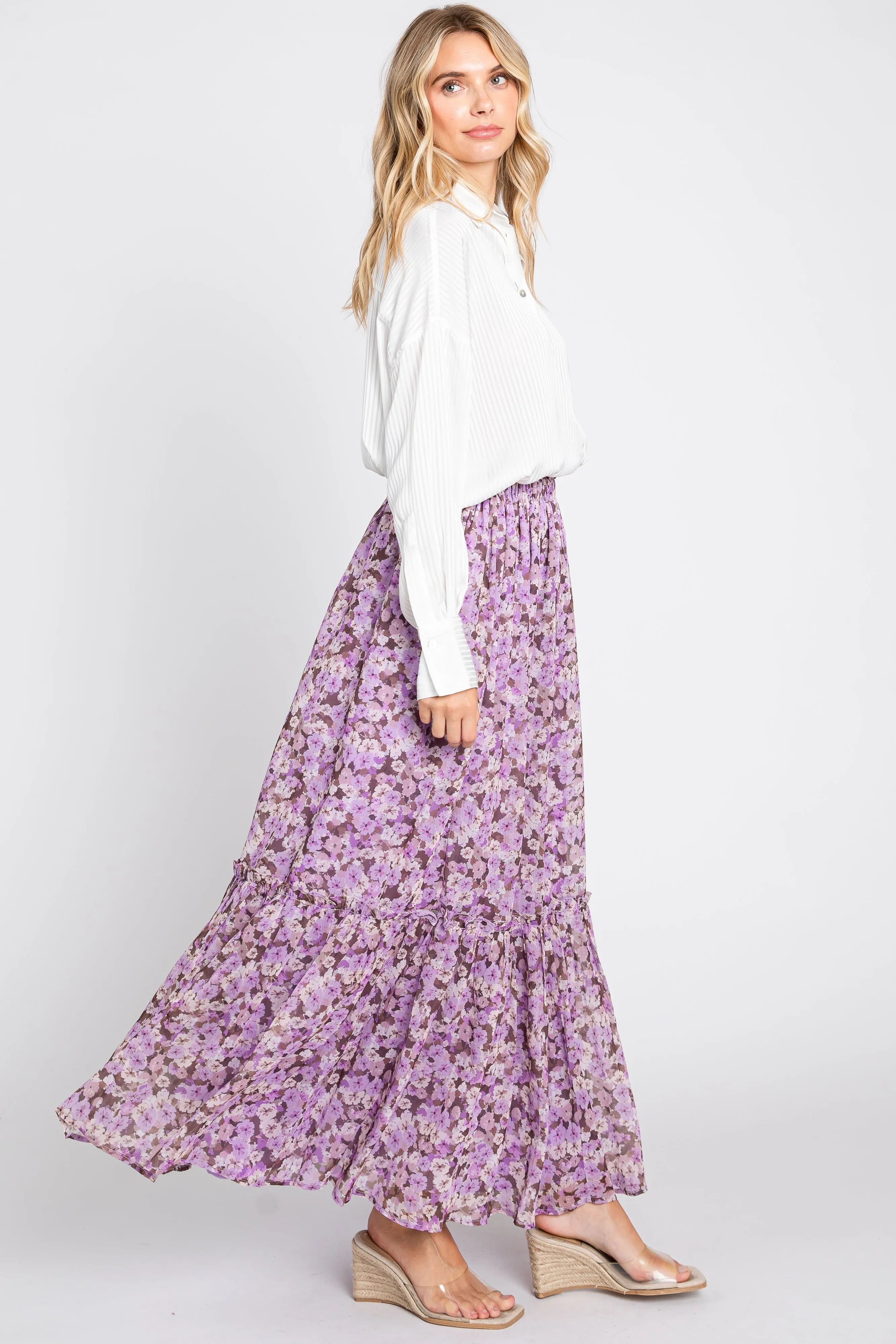 Lavender Smocked Waist Tiered Maxi Skirt sold by Pinkblush product image thumbnail 2