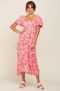 Fuchsia Floral Puff Sleeve Midi Dress sold by Pinkblush