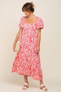 Fuchsia Floral Puff Sleeve Midi Dress sold by Pinkblush