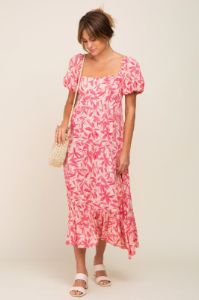 Fuchsia Floral Puff Sleeve Midi Dress sold by Pinkblush