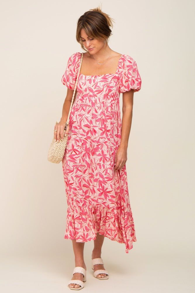 Fuchsia Floral Puff Sleeve Midi Dress sold by Pinkblush