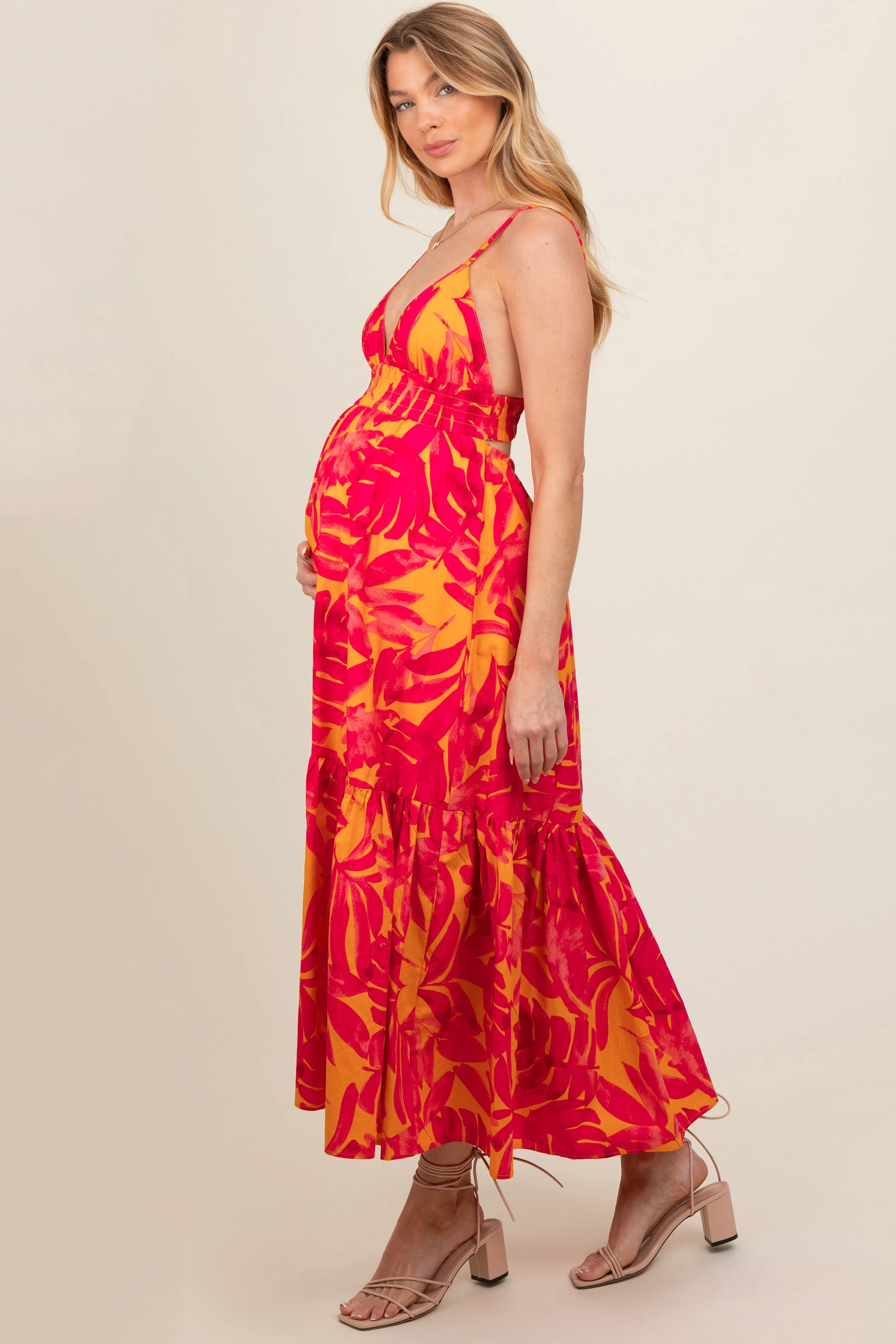 Coral Leaf Print Open Back Maternity Midi Dress sold by Pinkblush product image thumbnail 3