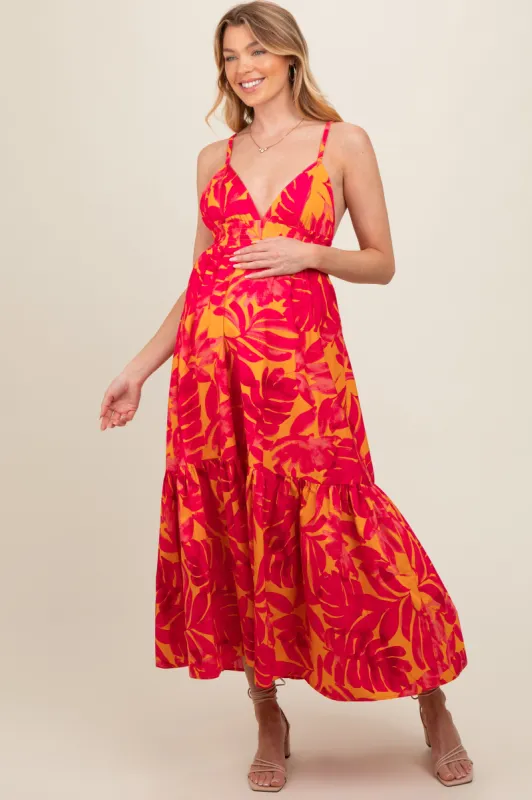 Coral Leaf Print Open Back Maternity Midi Dress sold by Pinkblush