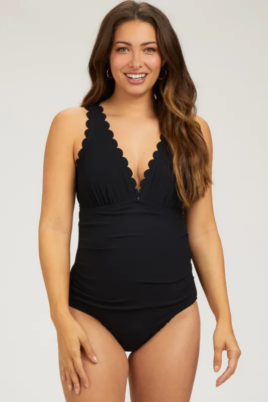 Black Scallop Trim Maternity One Piece Swimsuit sold by Pinkblush