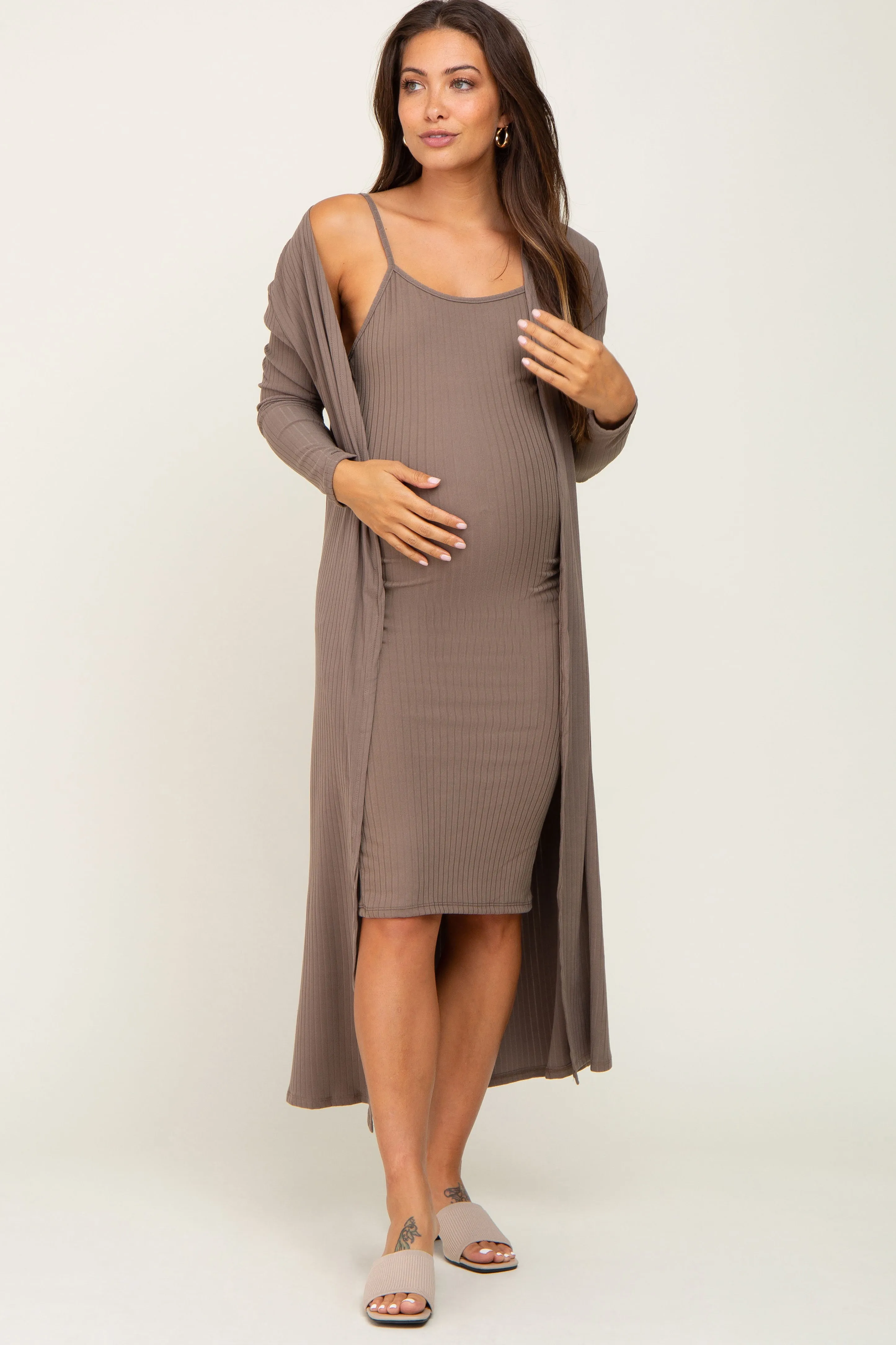 Taupe Ribbed Cardigan 2 Piece Maternity Set sold by Pinkblush