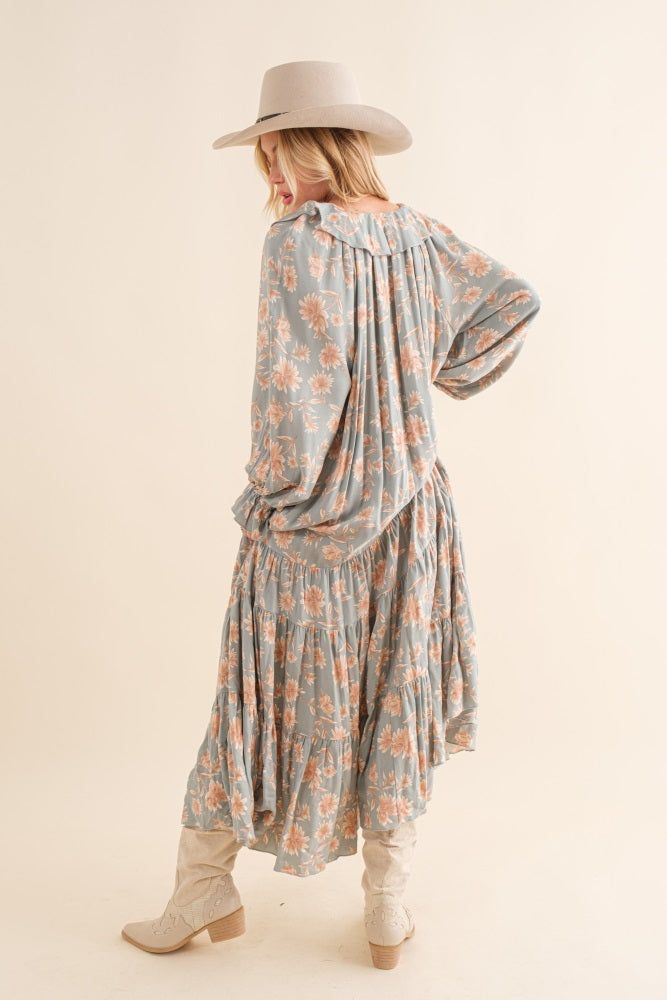 Light Olive Floral Ruffle Long Sleeve Tiered Maxi Dress sold by Pinkblush product image thumbnail 3