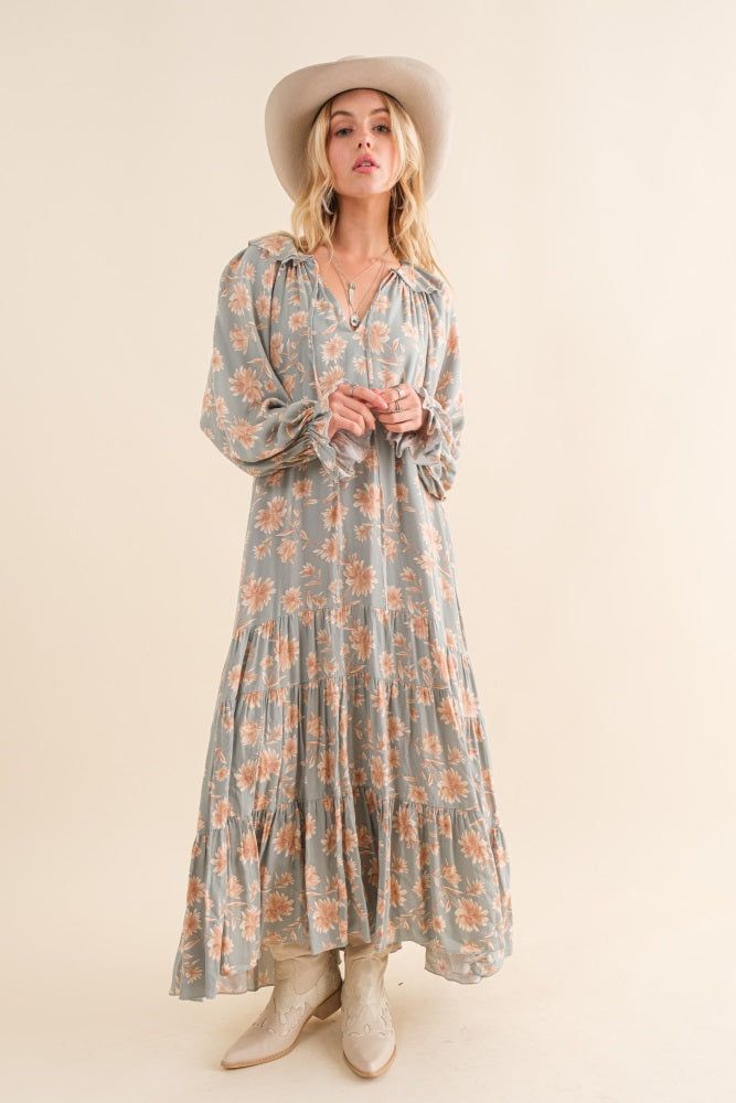 Light Olive Floral Ruffle Long Sleeve Tiered Maxi Dress sold by Pinkblush