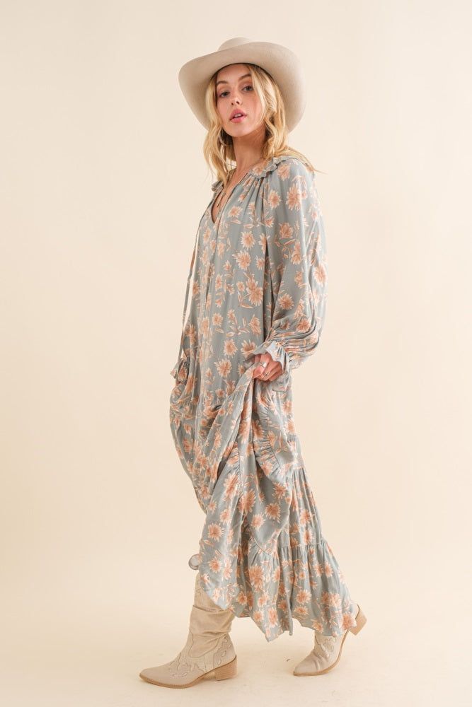 Light Olive Floral Ruffle Long Sleeve Tiered Maxi Dress sold by Pinkblush product image thumbnail 2