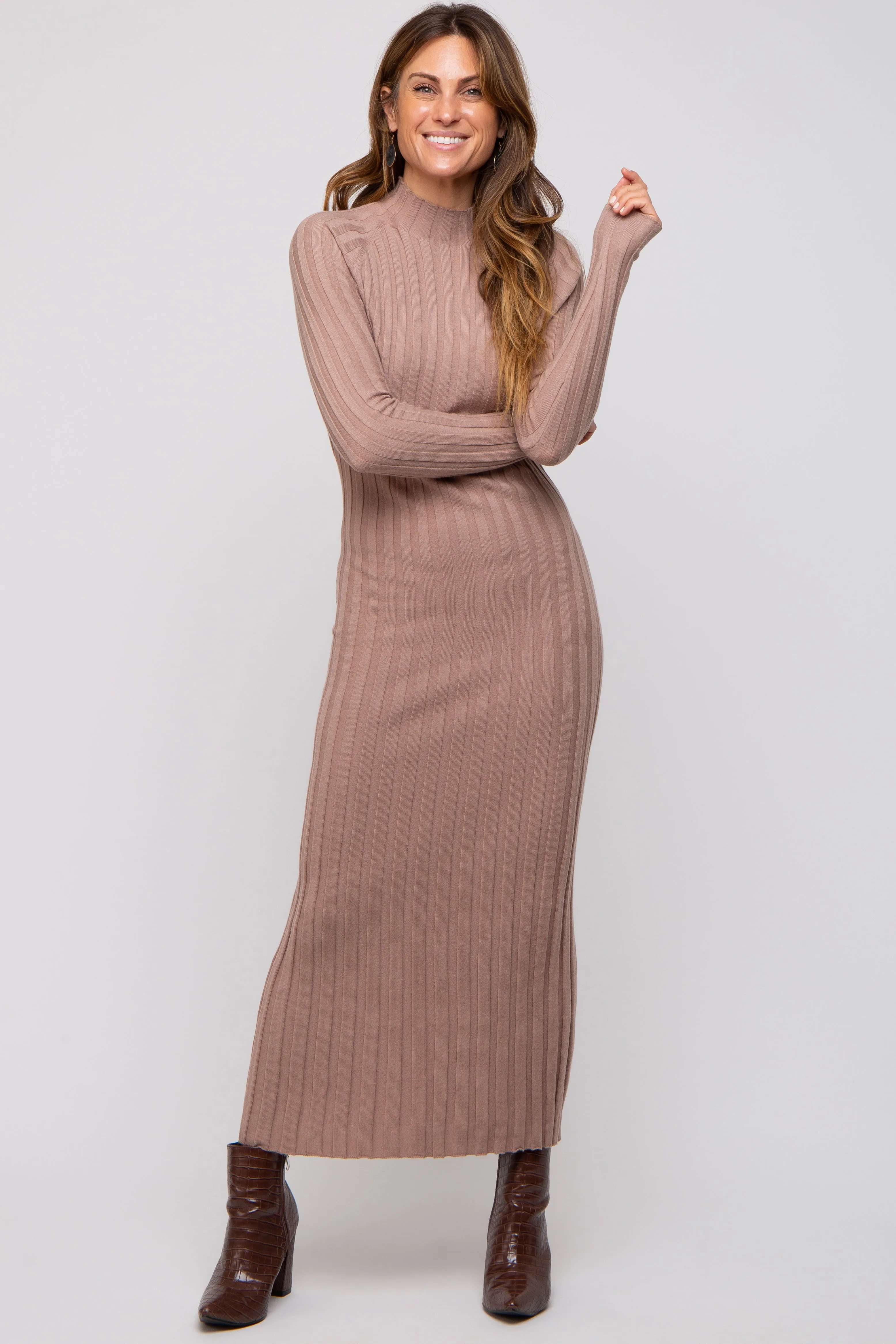 Taupe Ribbed Turtle Neck Midi Dress sold by Pinkblush product image thumbnail 5