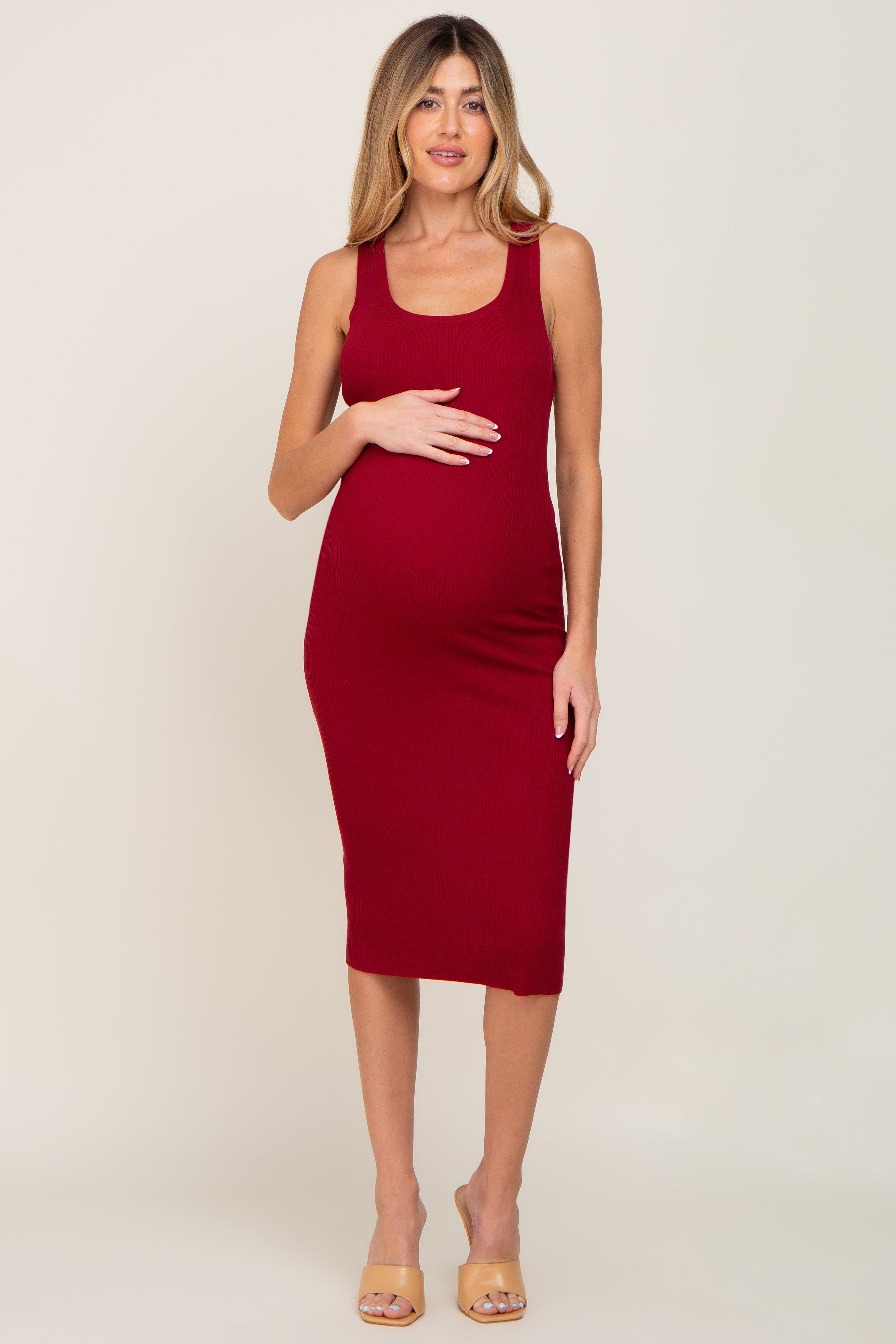 Burgundy Fitted Knit Maternity Midi Dress sold by Pinkblush product image thumbnail 4
