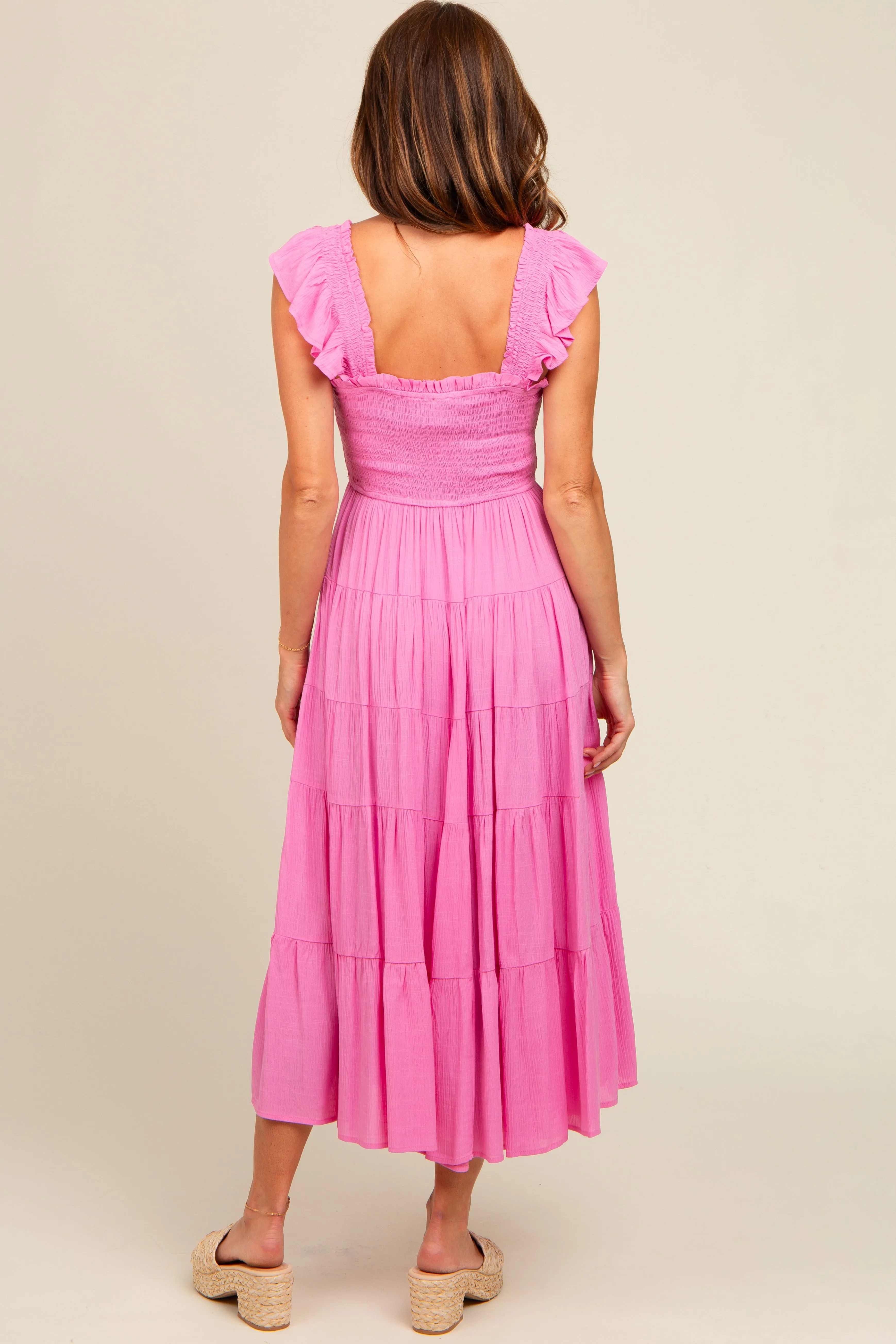 Fuchsia Smocked Tiered Ruffle Strap Midi Dress sold by Pinkblush product image thumbnail 4