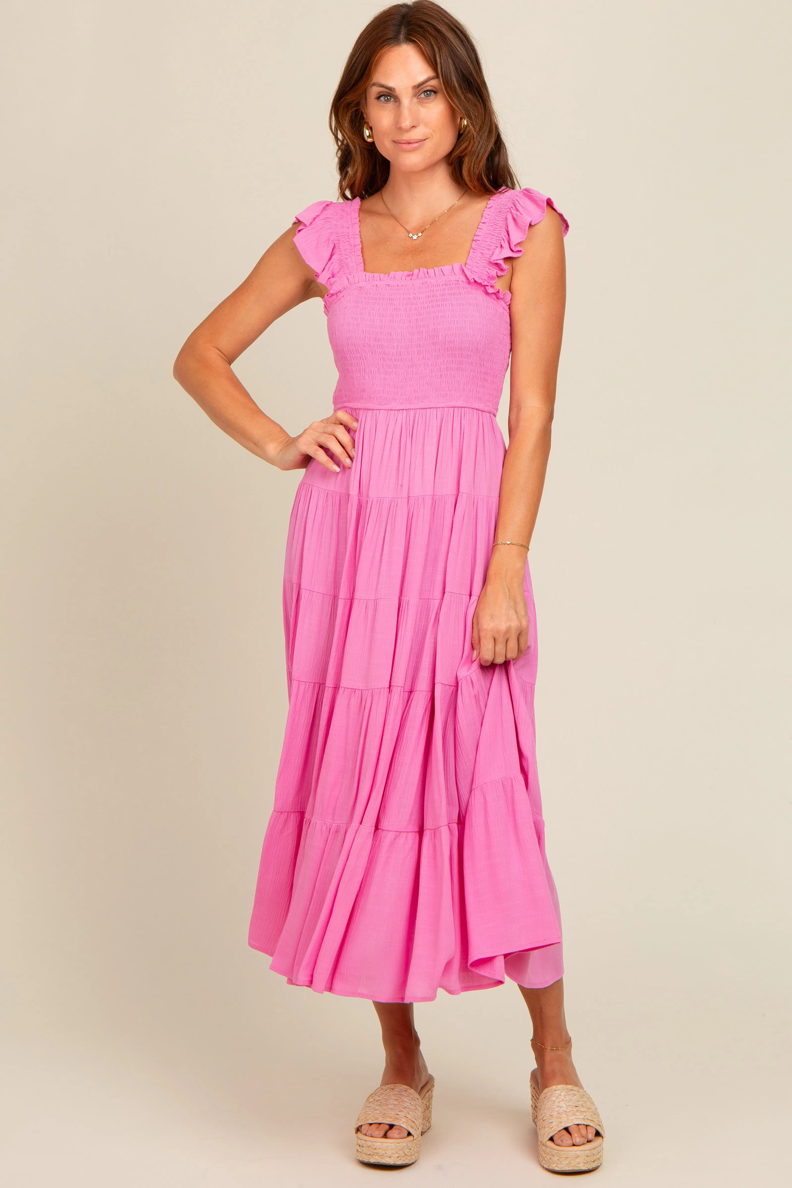 Fuchsia Smocked Tiered Ruffle Strap Midi Dress sold by Pinkblush