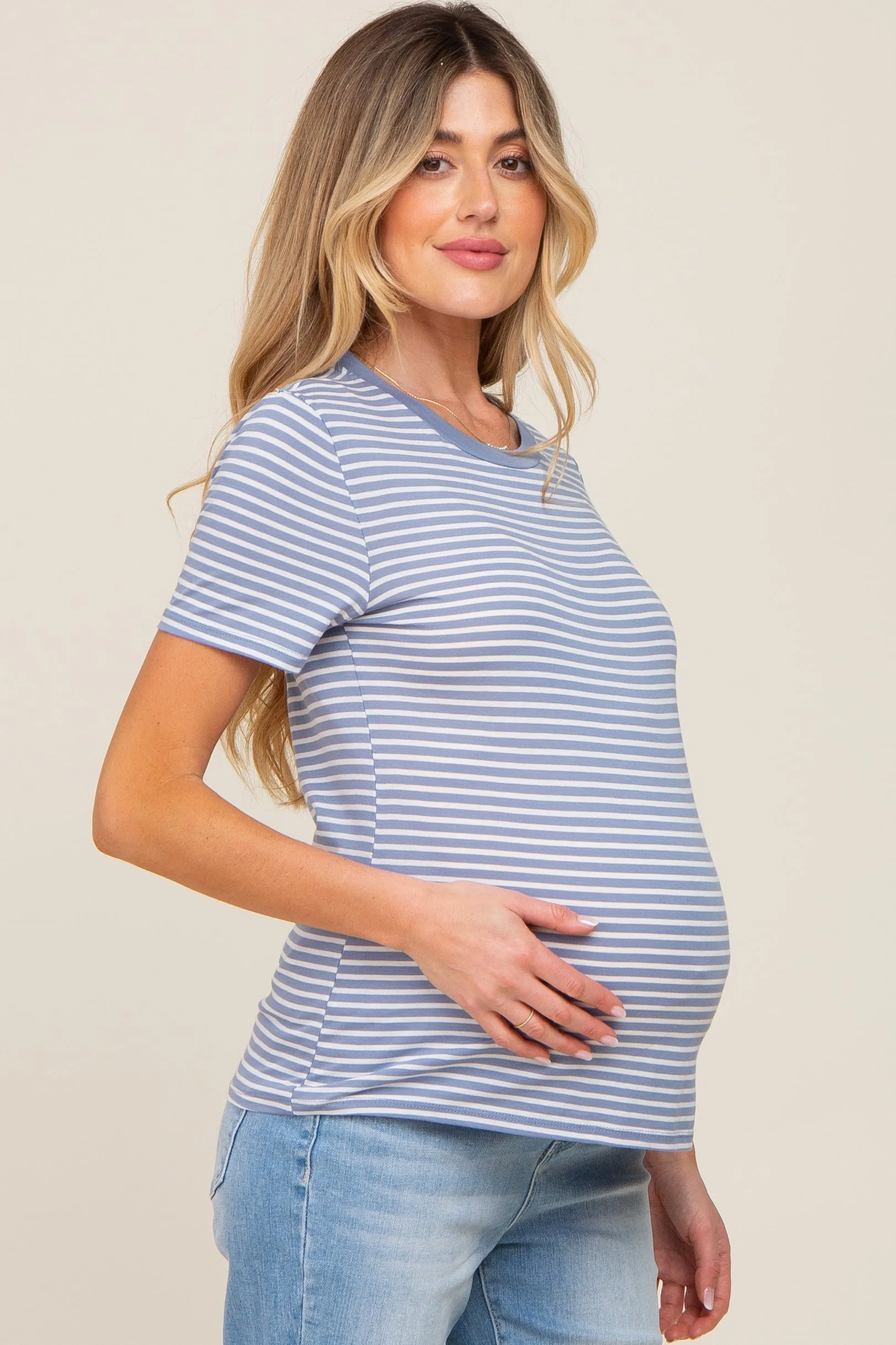 Light Blue Striped Basic Maternity Tee sold by Pinkblush product image thumbnail 2