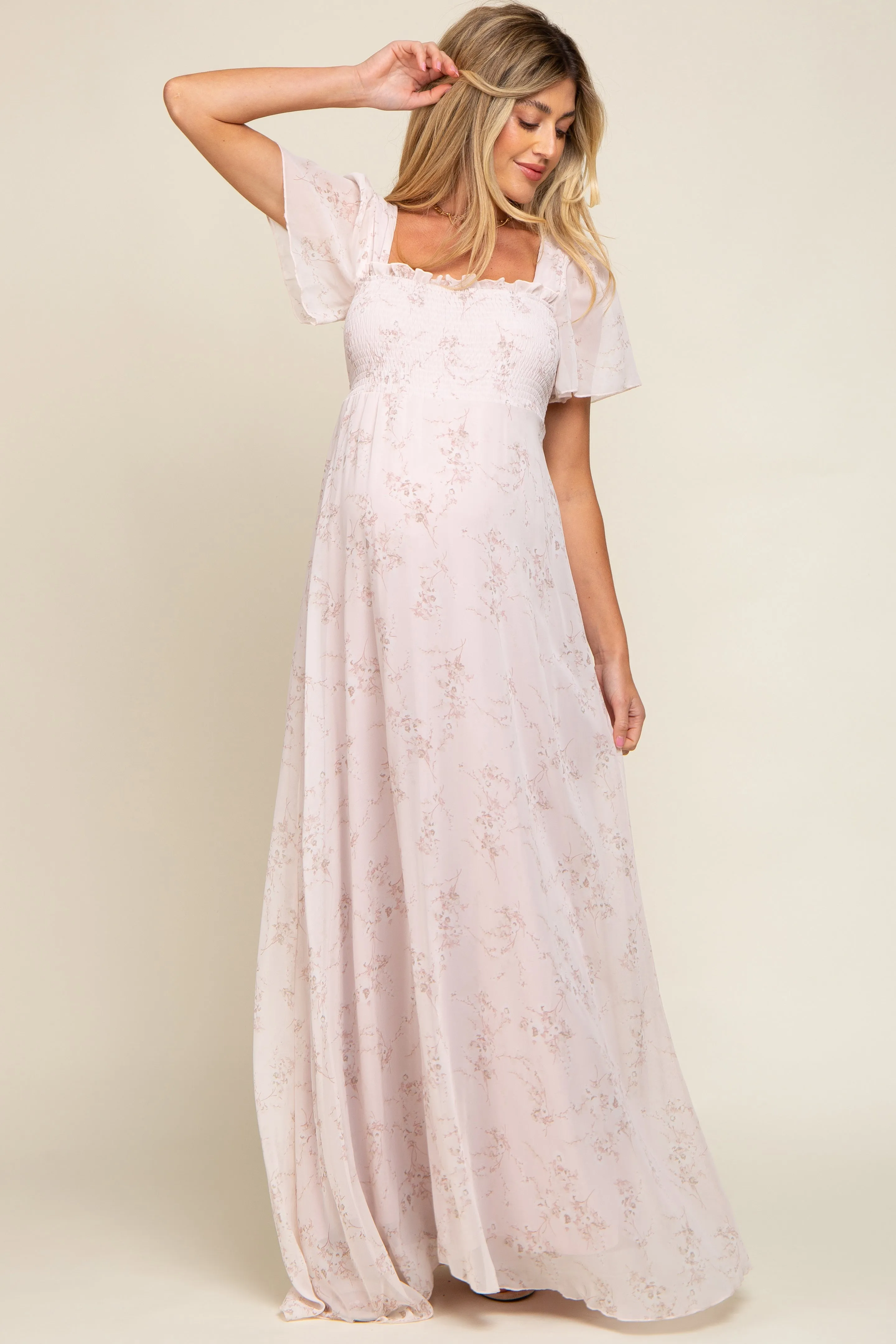 Light Pink Floral Smocked Chiffon Maternity Maxi Dress sold by Pinkblush product image thumbnail 4