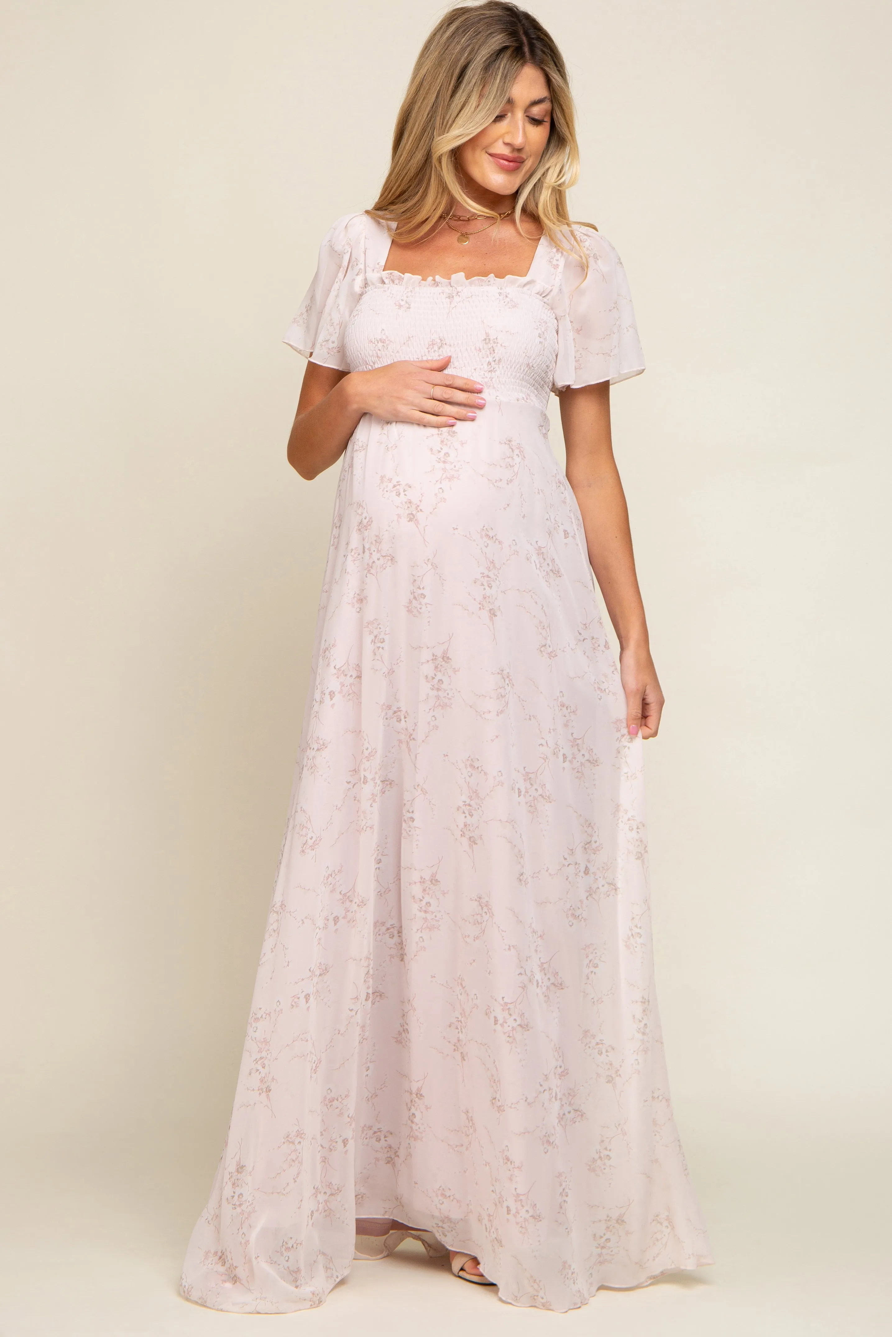 Light Pink Floral Smocked Chiffon Maternity Maxi Dress sold by Pinkblush
