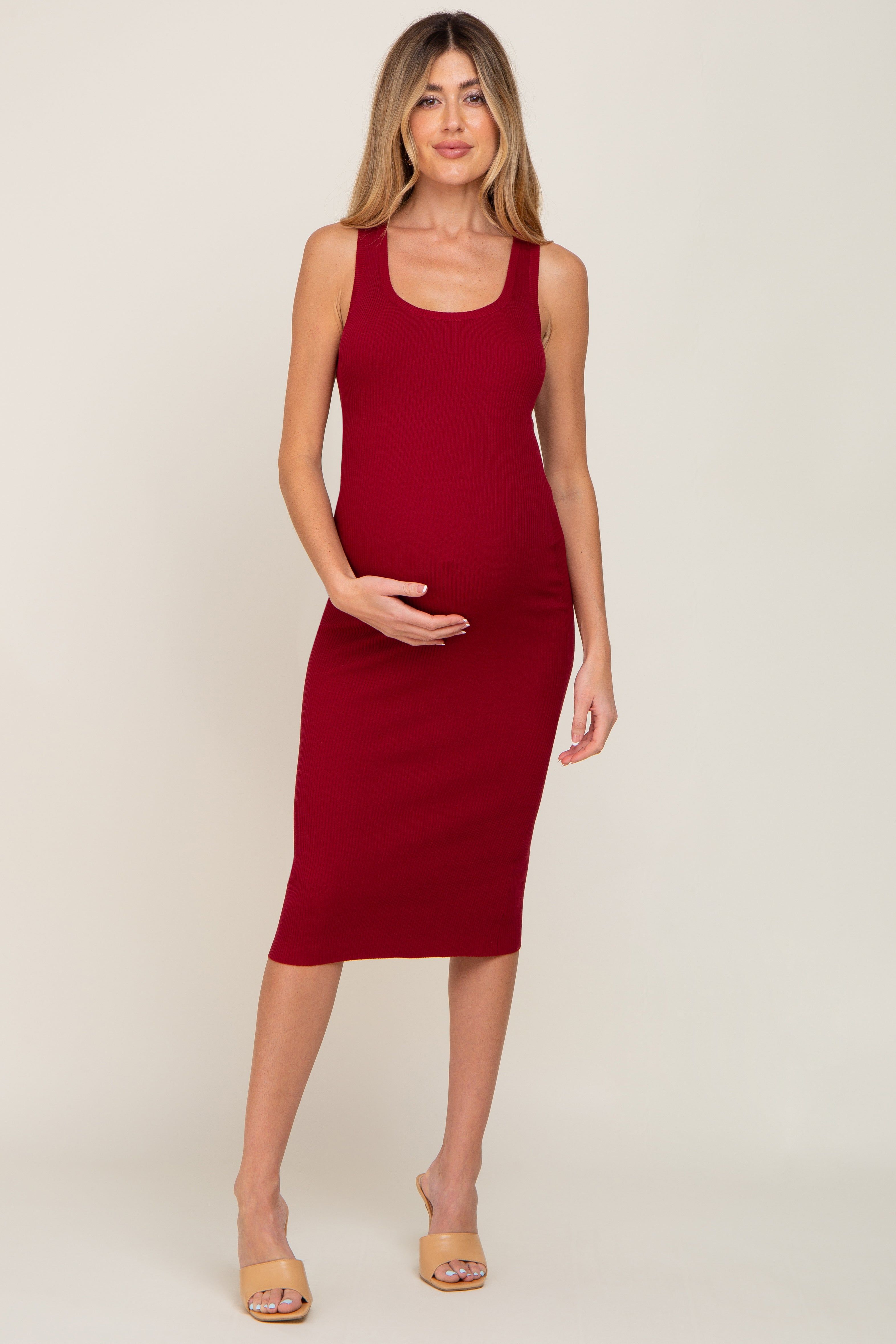 Burgundy Fitted Knit Maternity Midi Dress sold by Pinkblush