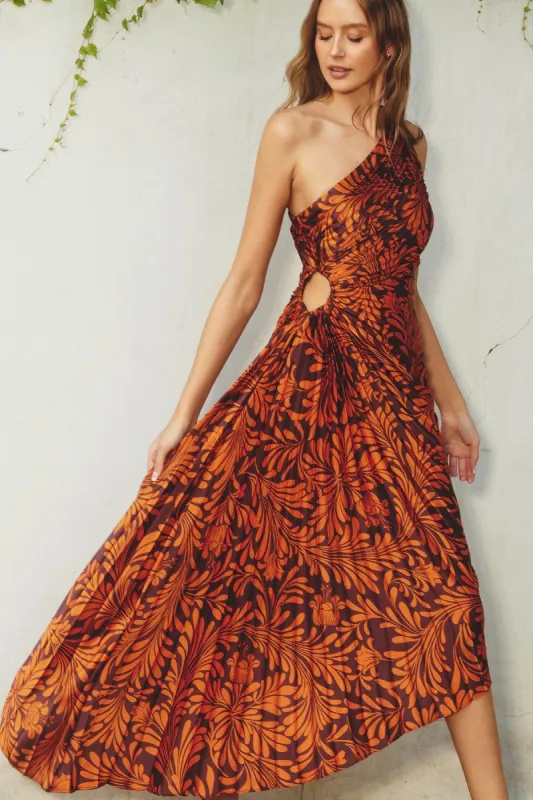 Rust Pleated Print One Shoulder Maxi Dress sold by Pinkblush