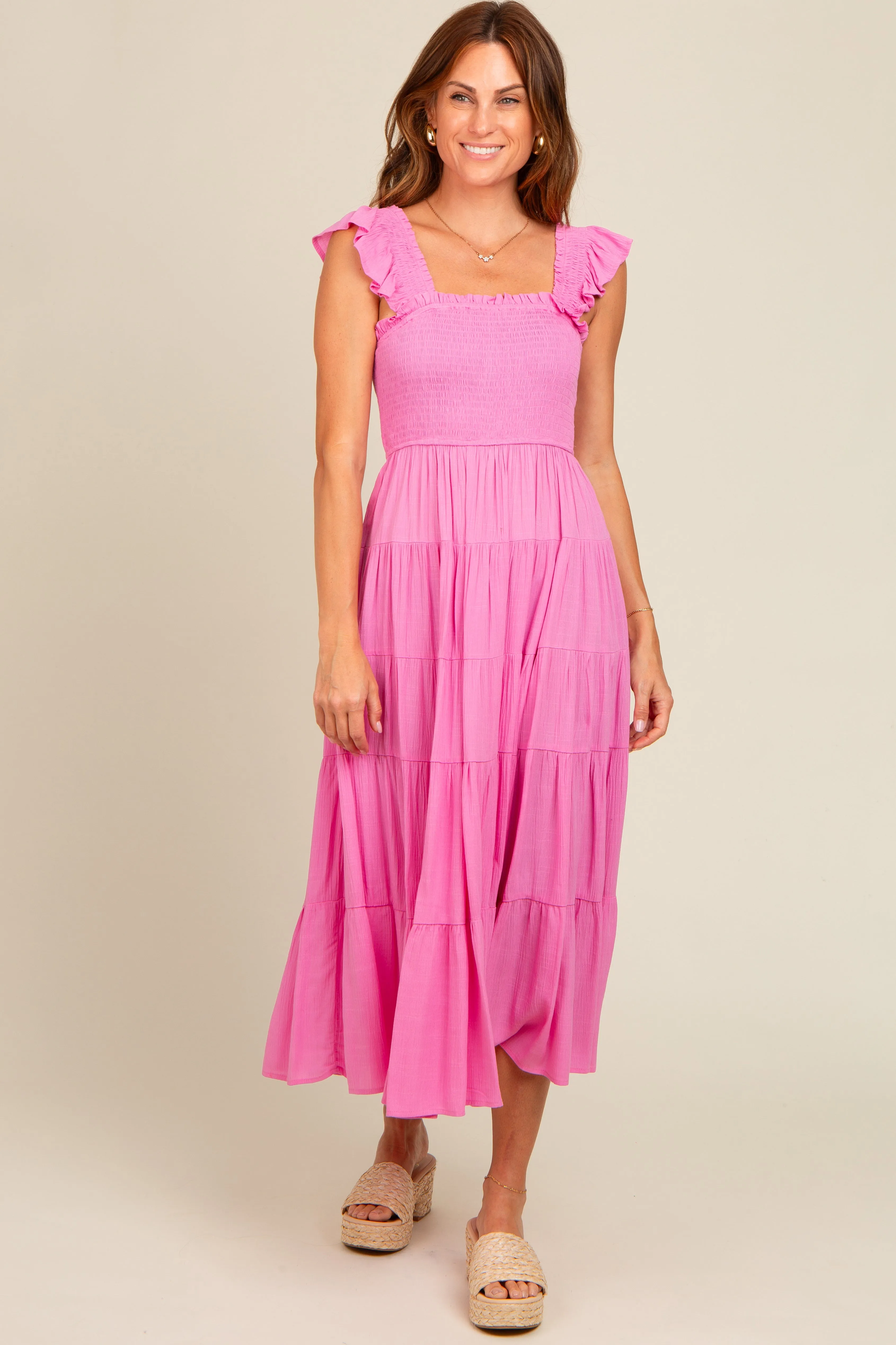 Fuchsia Smocked Tiered Ruffle Strap Midi Dress sold by Pinkblush product image thumbnail 2