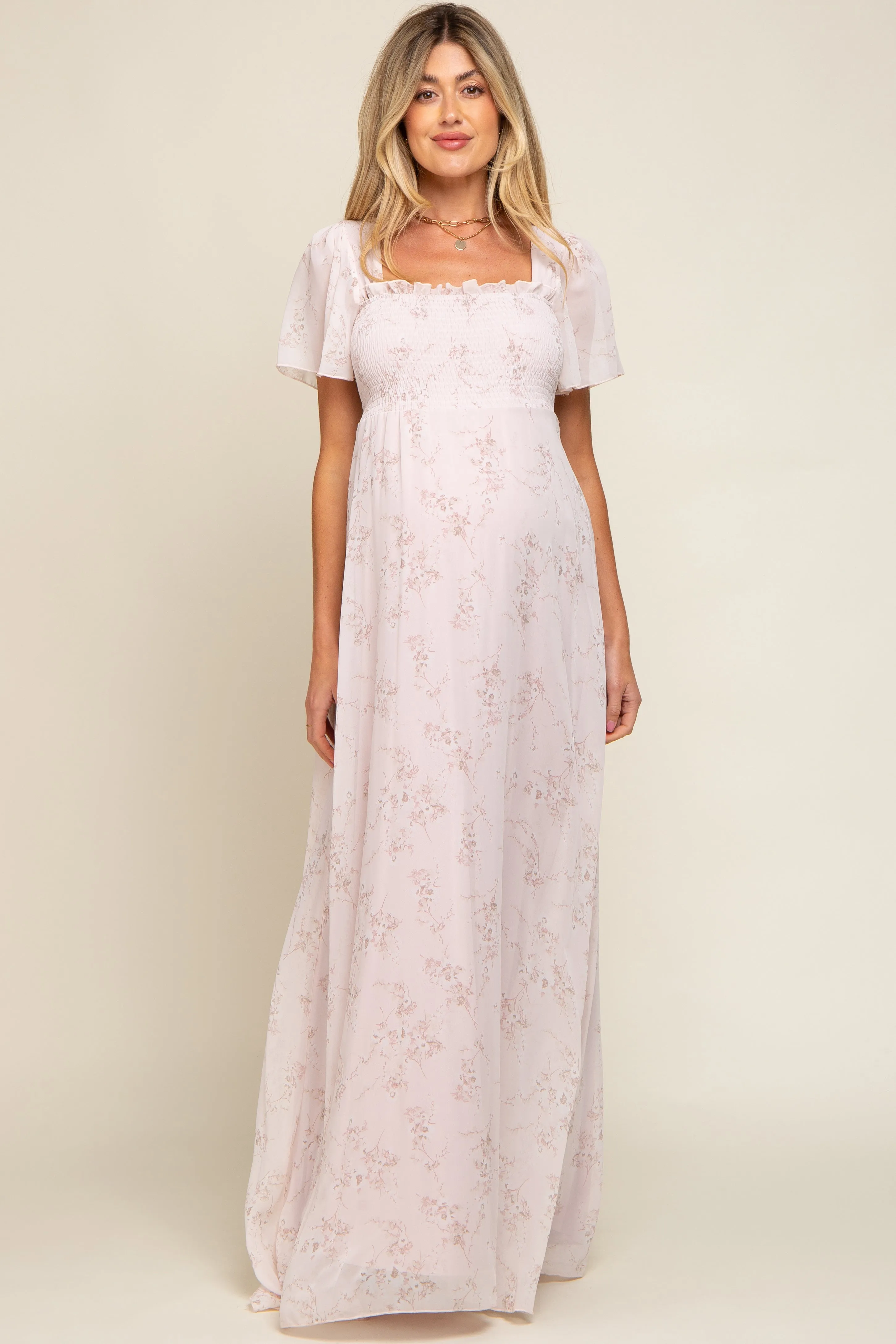 Light Pink Floral Smocked Chiffon Maternity Maxi Dress sold by Pinkblush product image thumbnail 5