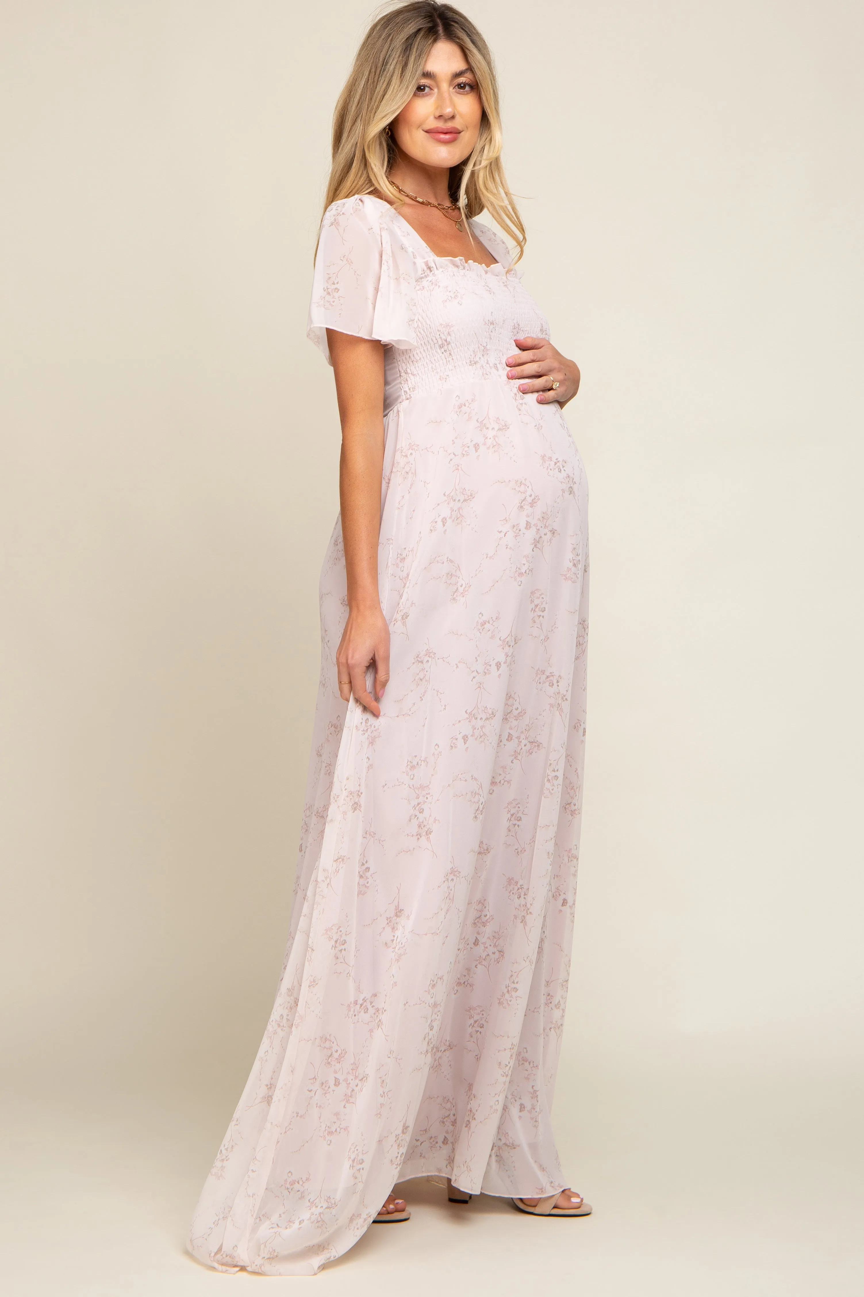 Light Pink Floral Smocked Chiffon Maternity Maxi Dress sold by Pinkblush product image thumbnail 2