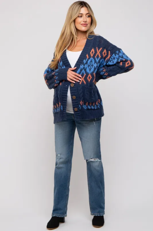 Navy Printed Chunky Cable Knit Maternity Cardigan sold by Pinkblush