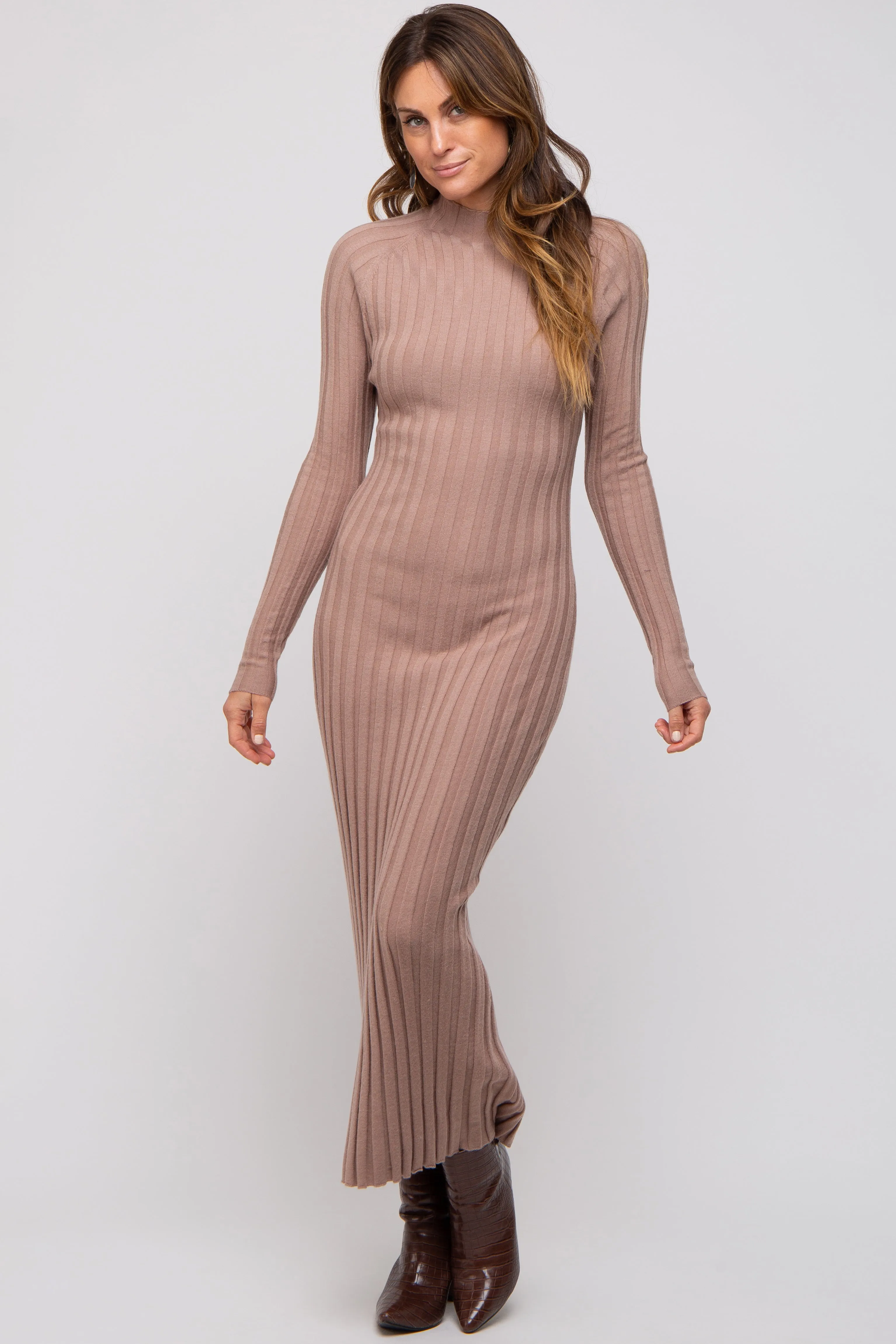 Taupe Ribbed Turtle Neck Midi Dress sold by Pinkblush product image thumbnail 4