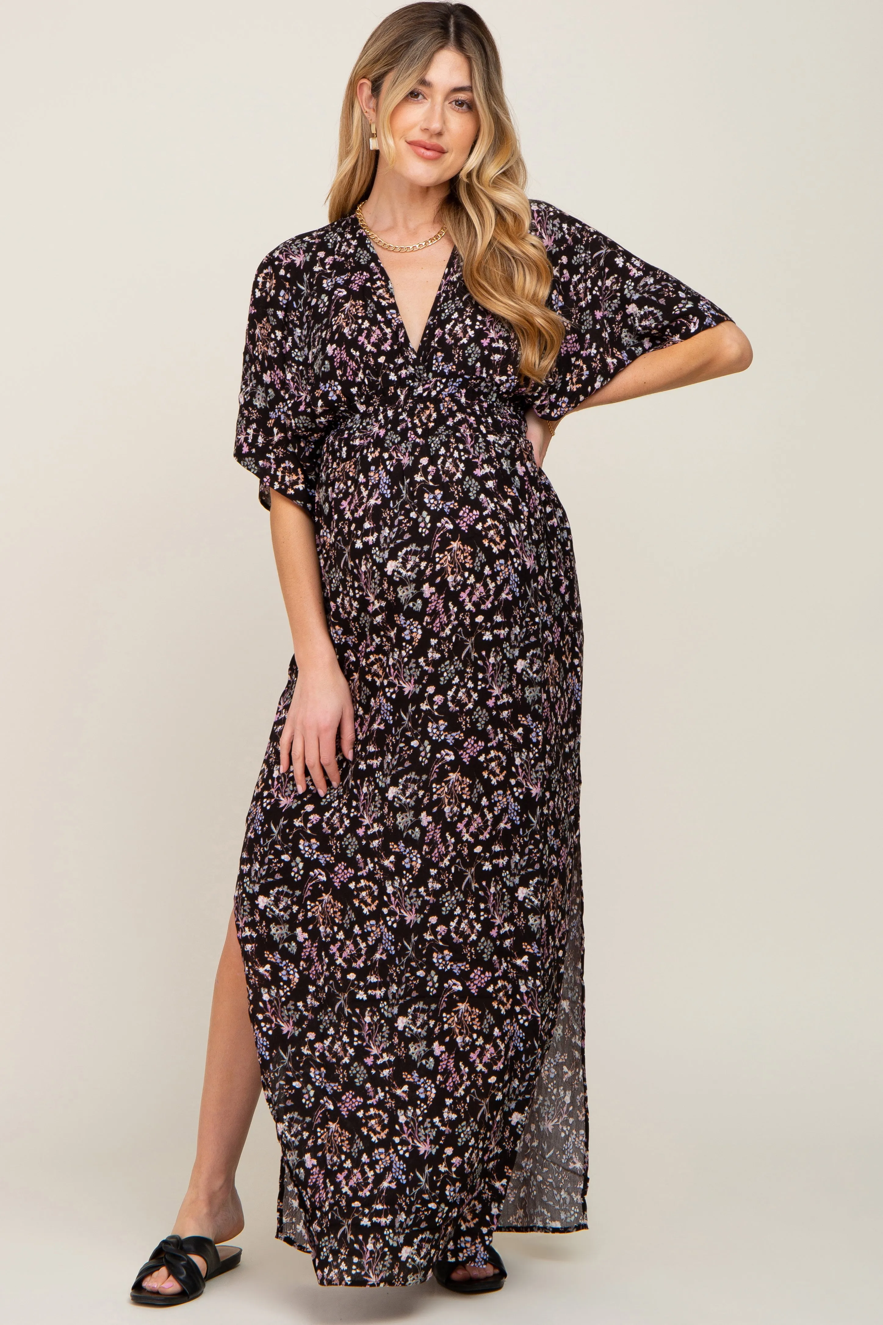 Black Floral V-Neck Maternity Maxi Dress sold by Pinkblush