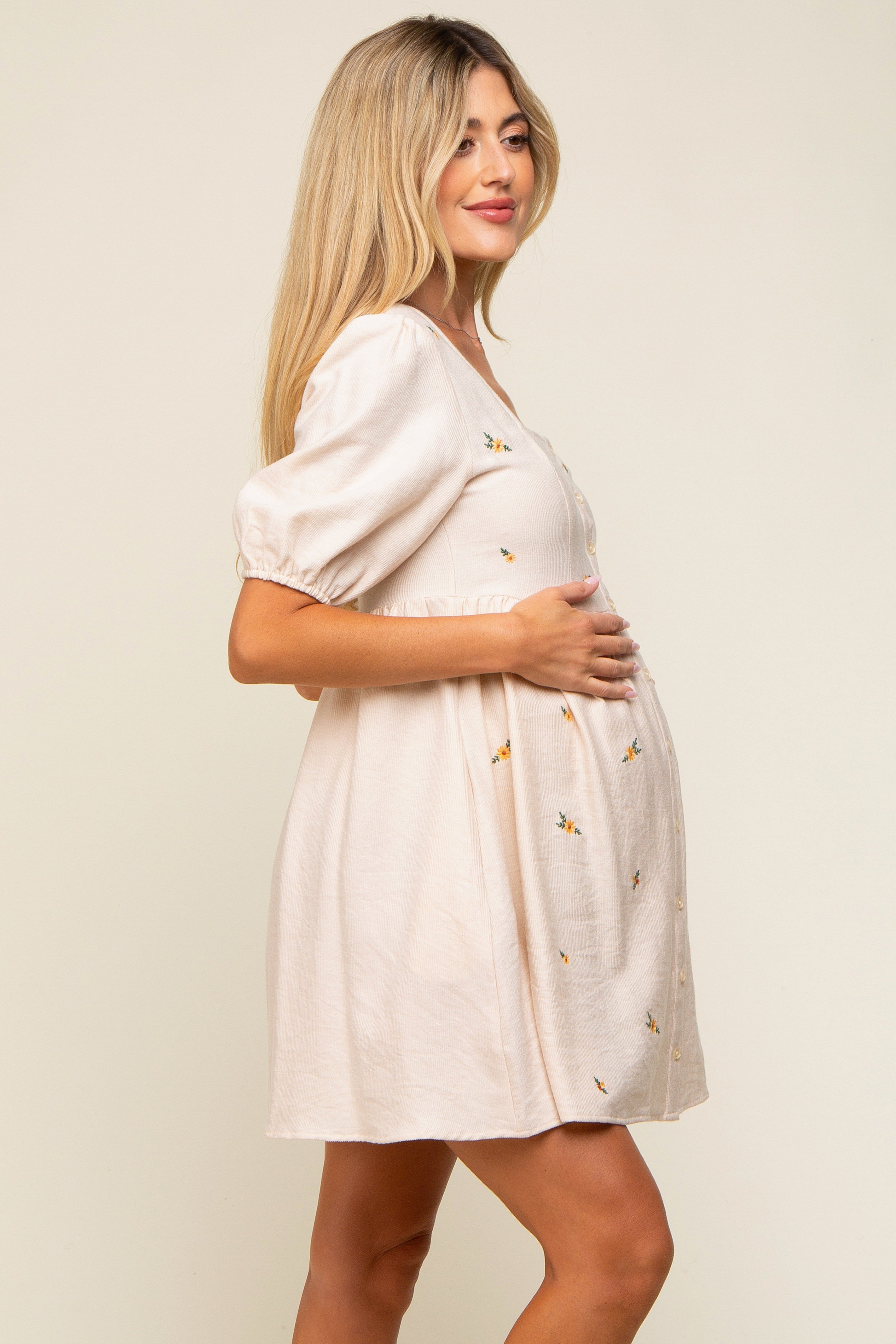 Cream Ribbed Button Front Flower Embroidered Maternity Dress sold by Pinkblush product image thumbnail 3