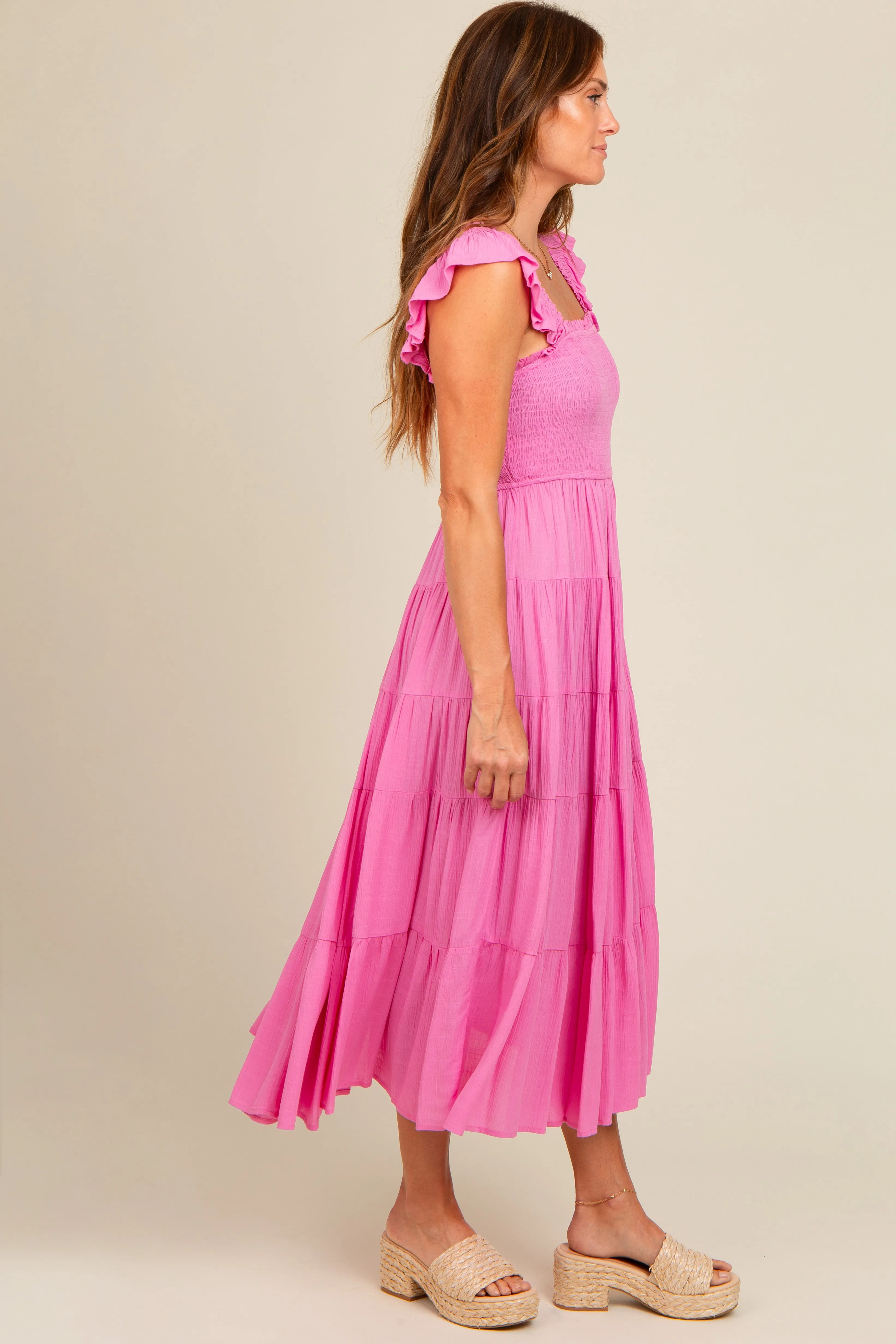 Fuchsia Smocked Tiered Ruffle Strap Midi Dress sold by Pinkblush product image thumbnail 3