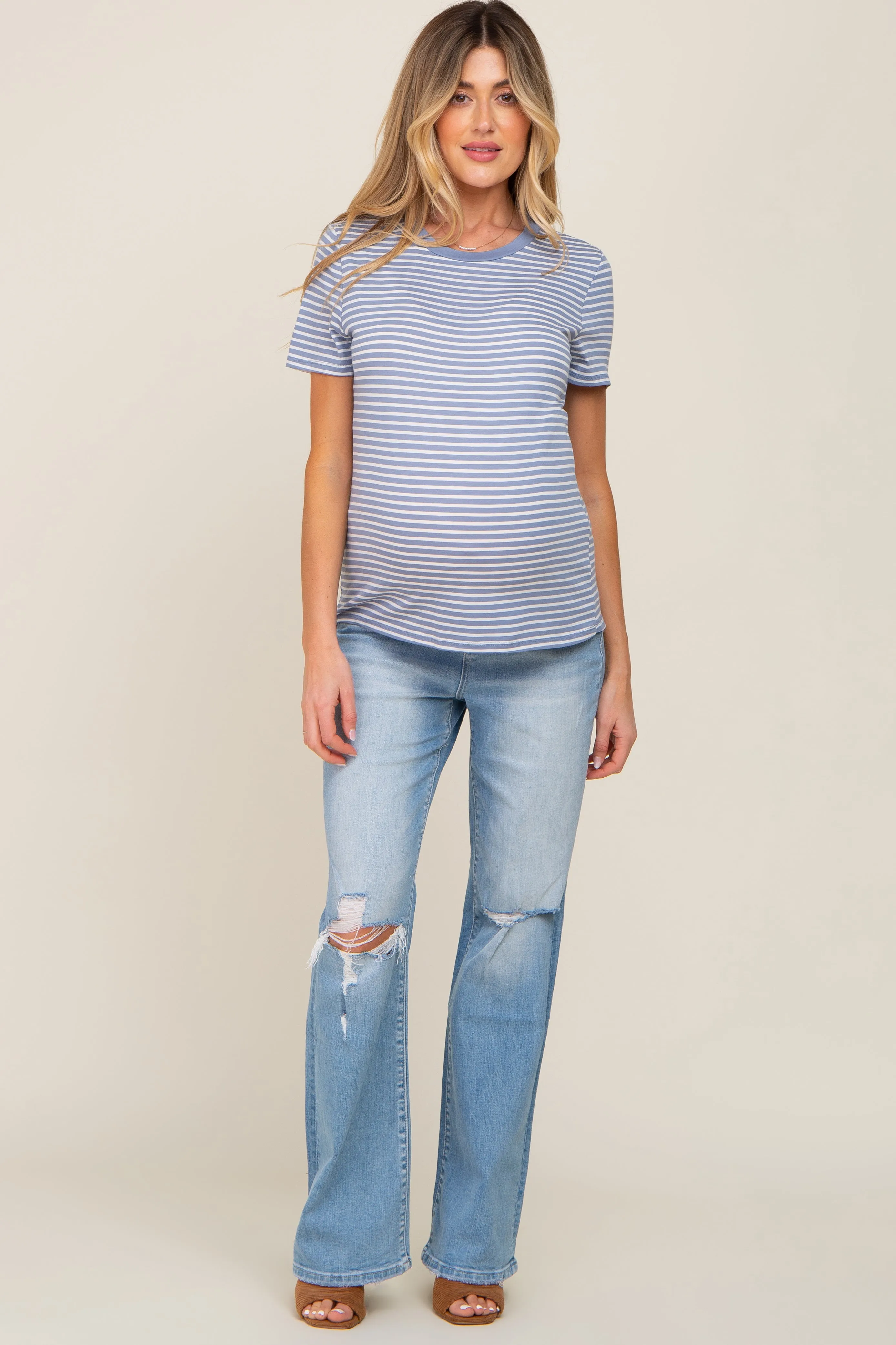 Light Blue Striped Basic Maternity Tee sold by Pinkblush product image thumbnail 4