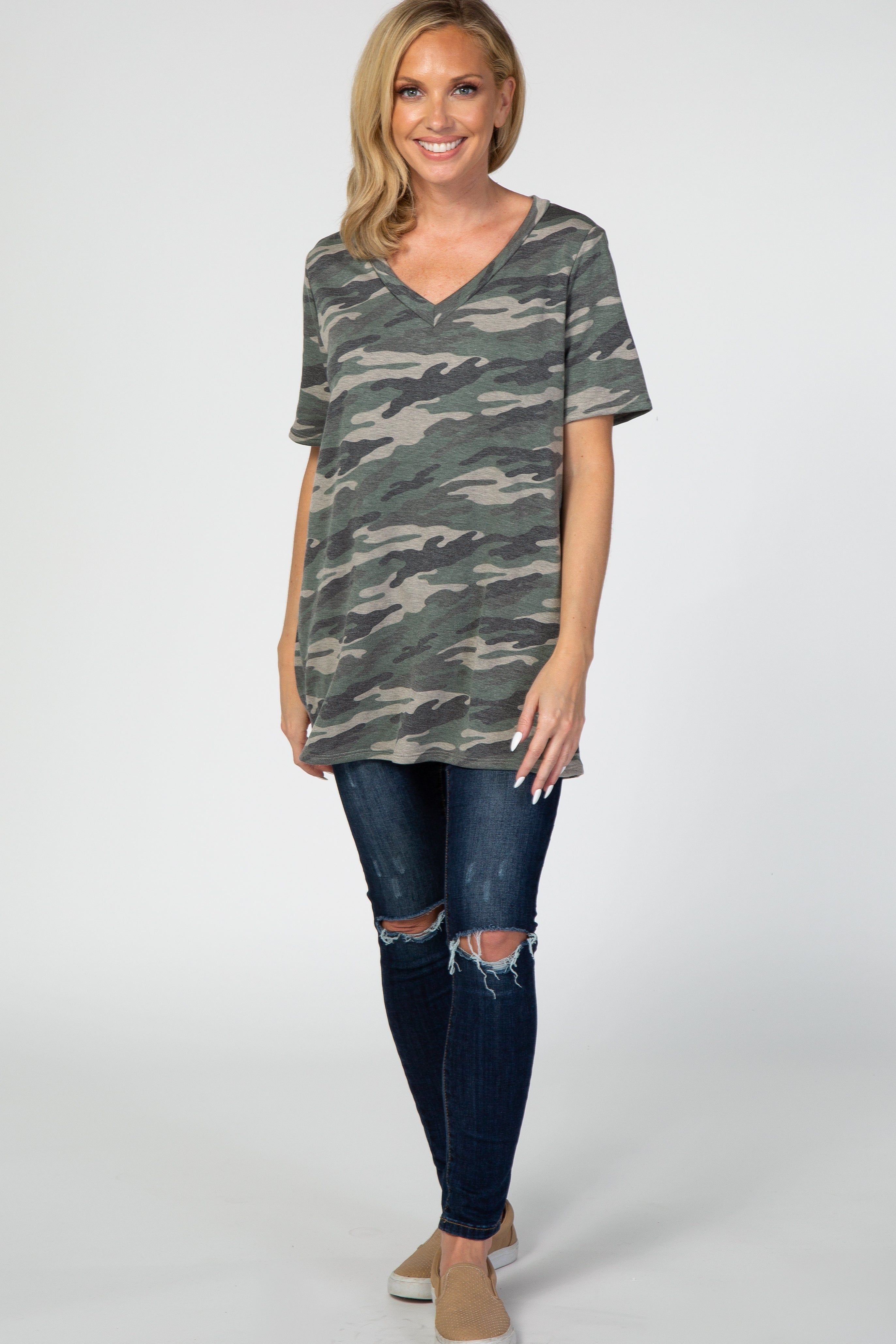 Olive Camo V-Neck Short Sleeve Top sold by Pinkblush product image thumbnail 4