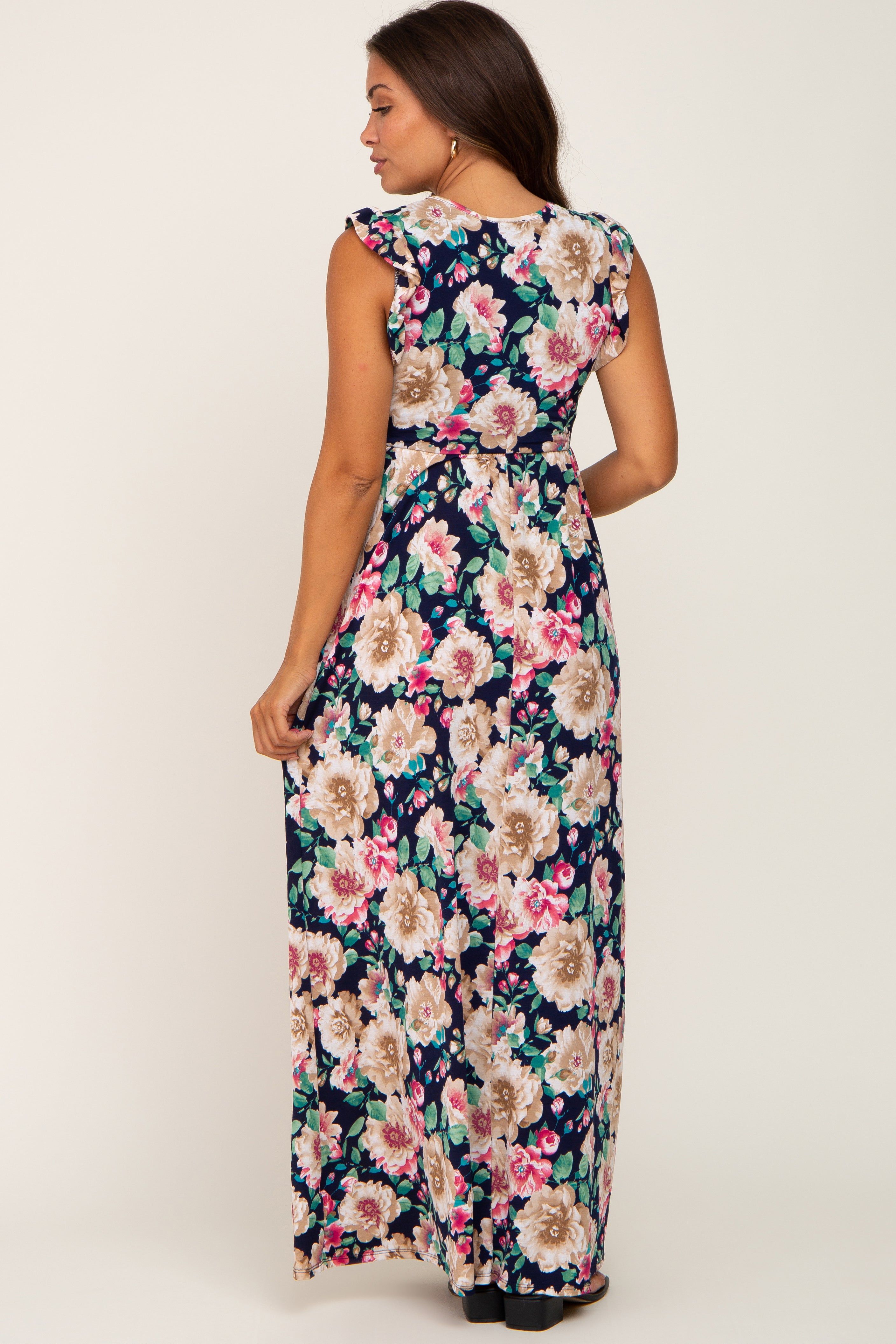 Navy Floral Ruffle Accent Maternity Maxi Dress sold by Pinkblush product image thumbnail 3