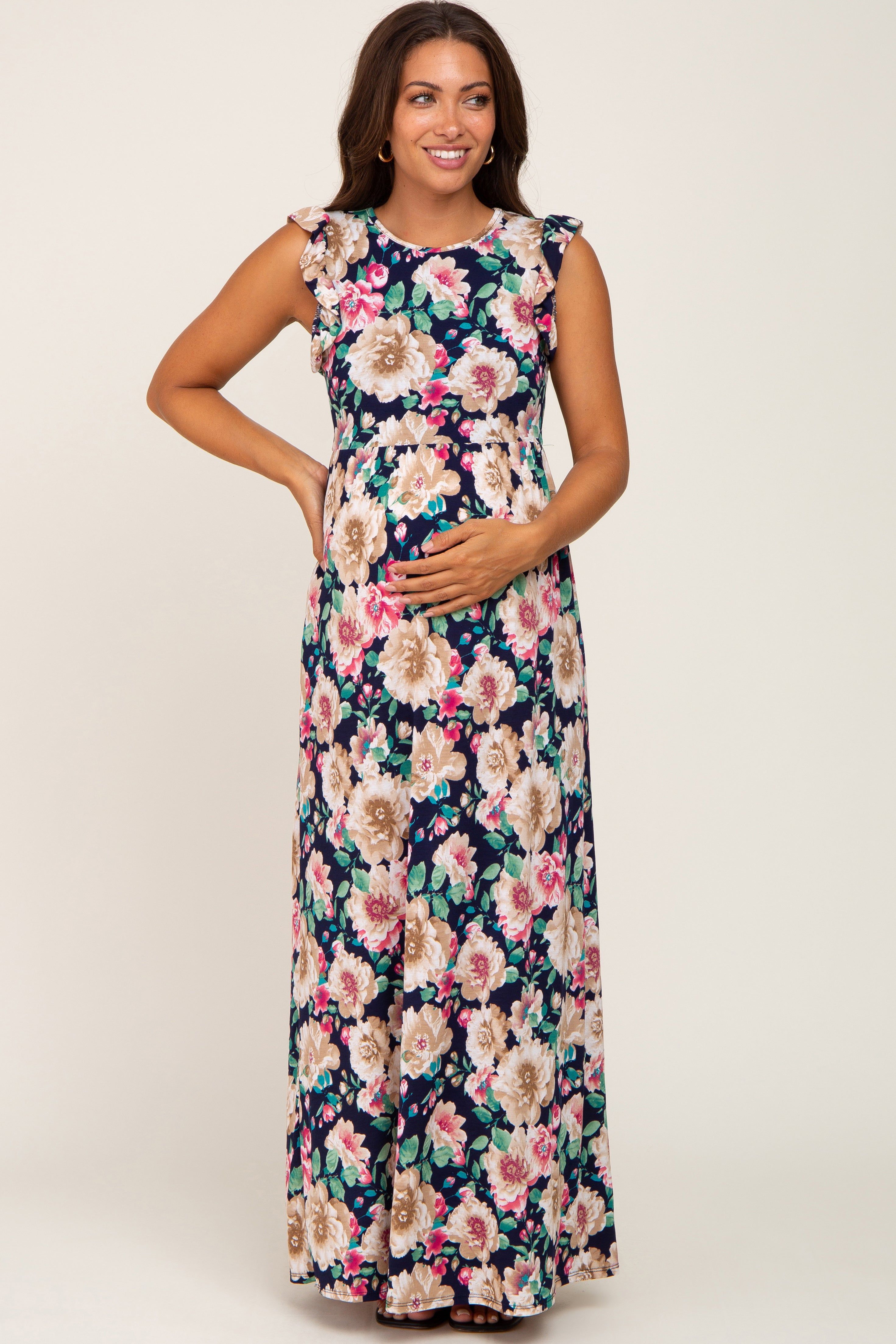 Navy Floral Ruffle Accent Maternity Maxi Dress sold by Pinkblush