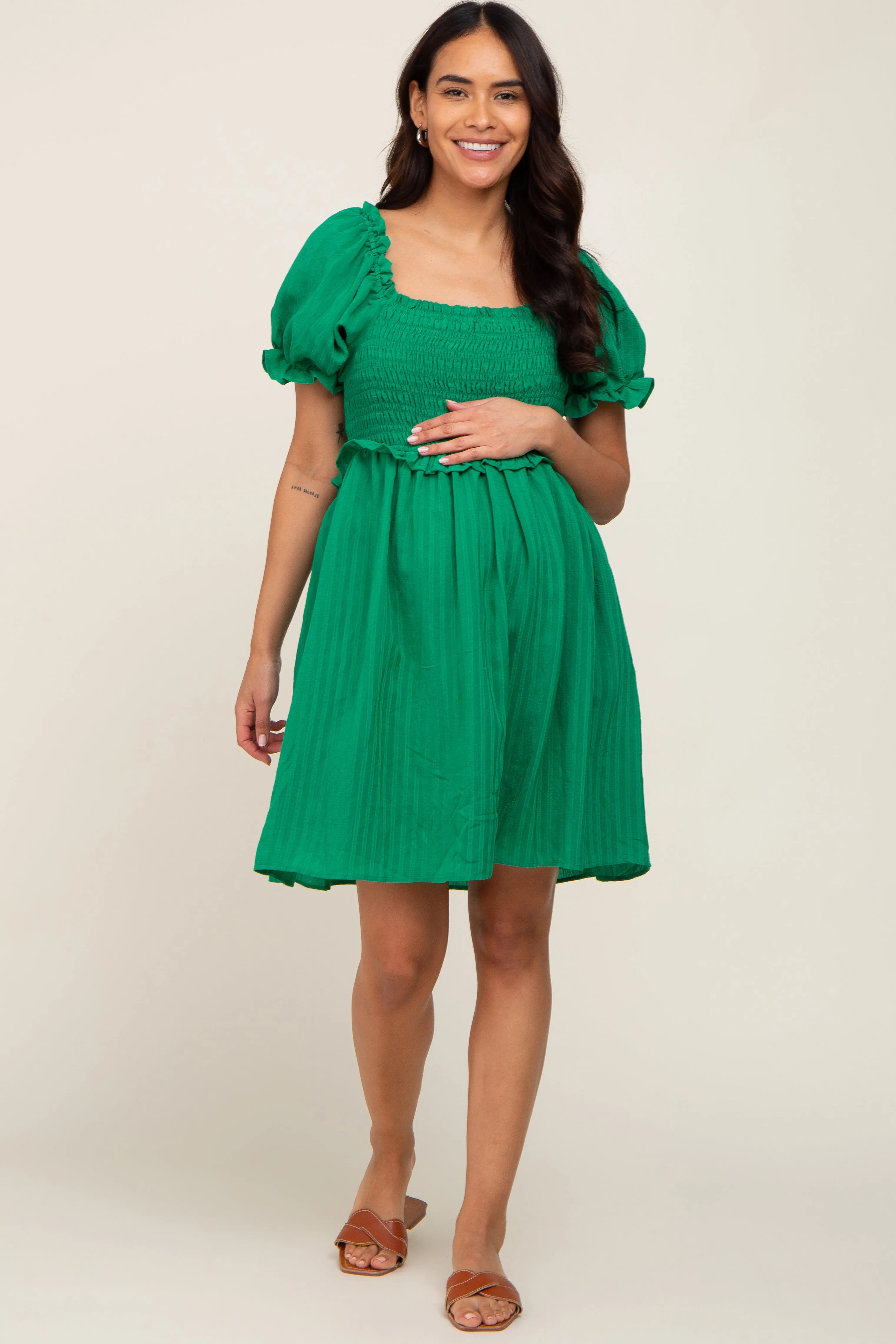 Green Smocked Puff Sleeve Maternity Dress sold by Pinkblush product image thumbnail 4