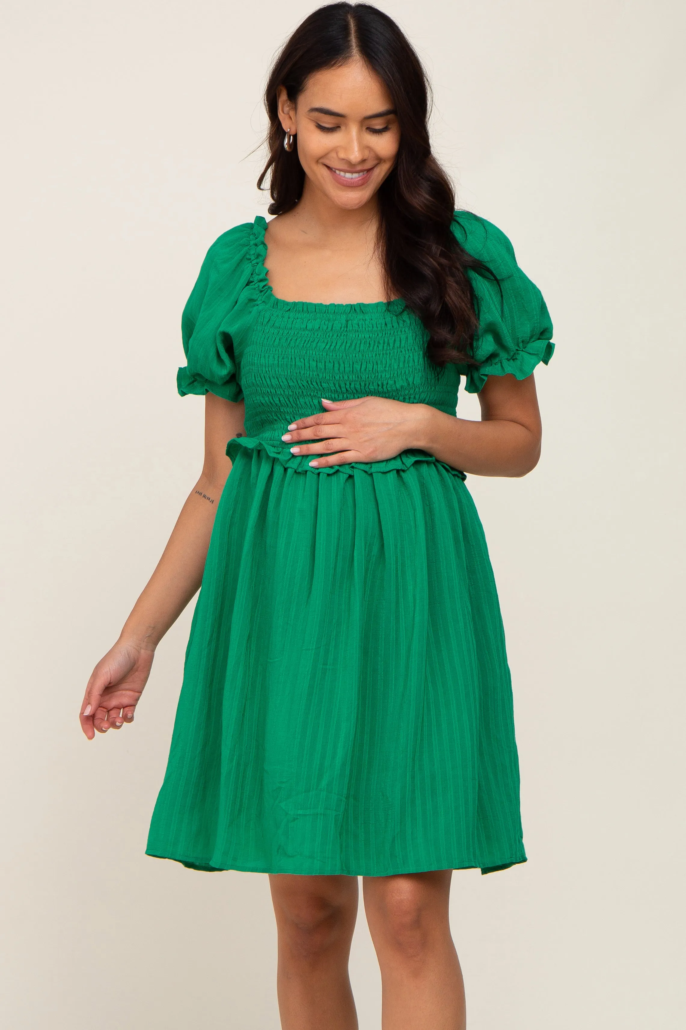 Green Smocked Puff Sleeve Maternity Dress sold by Pinkblush