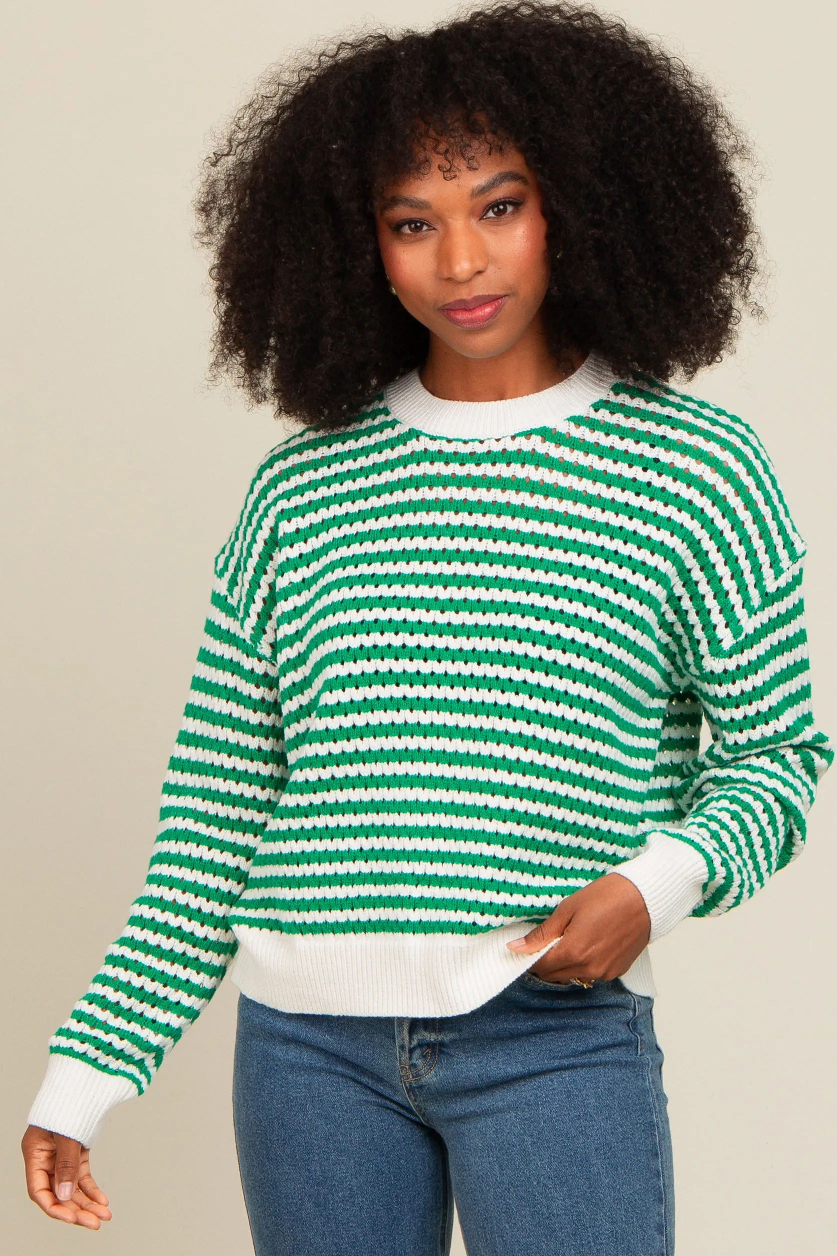 Green Striped Crochet Knit Sweater sold by Pinkblush