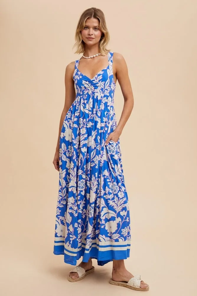 Blue Floral Cutout Back Tie Maxi Dress sold by Pinkblush