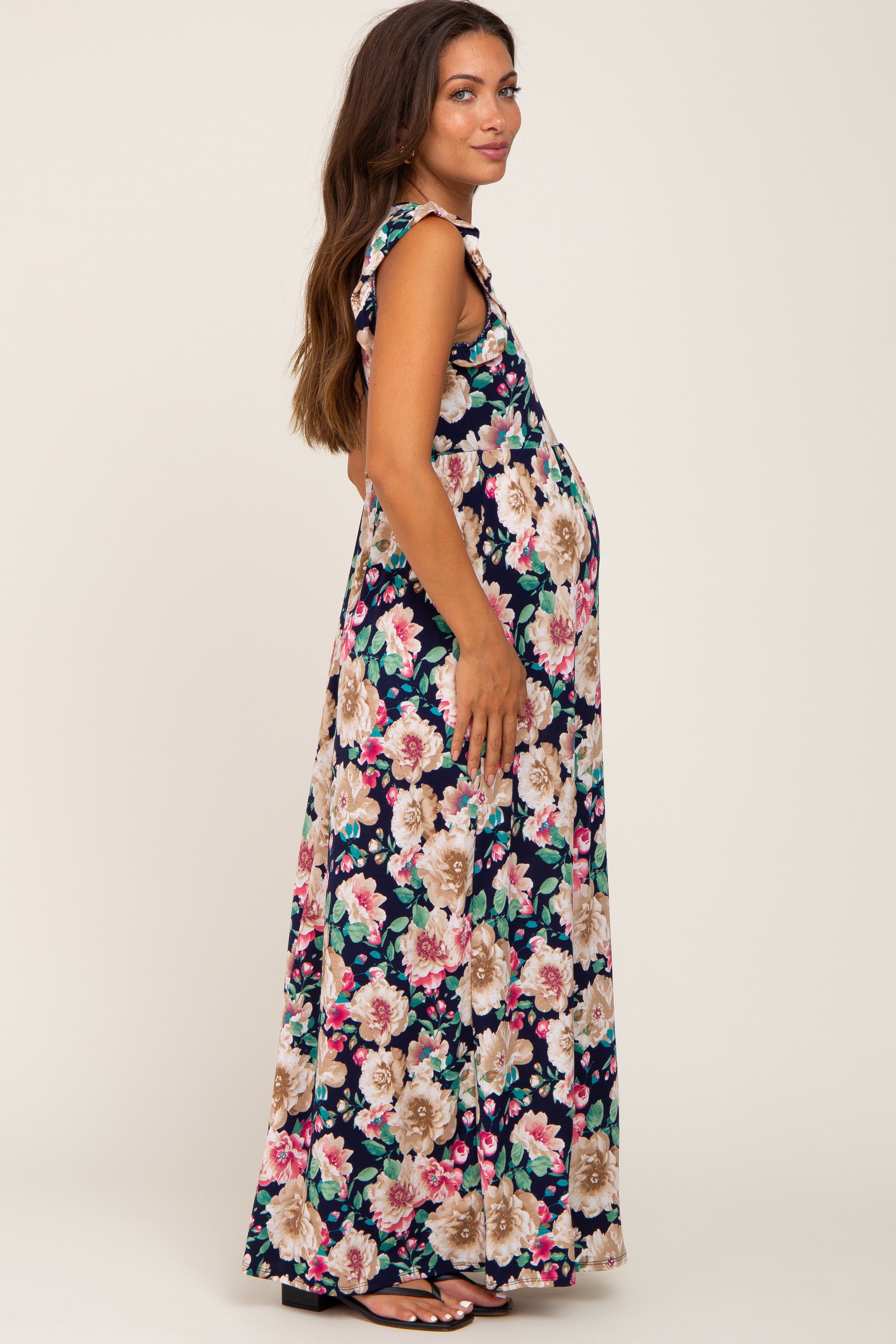 Navy Floral Ruffle Accent Maternity Maxi Dress sold by Pinkblush product image thumbnail 2