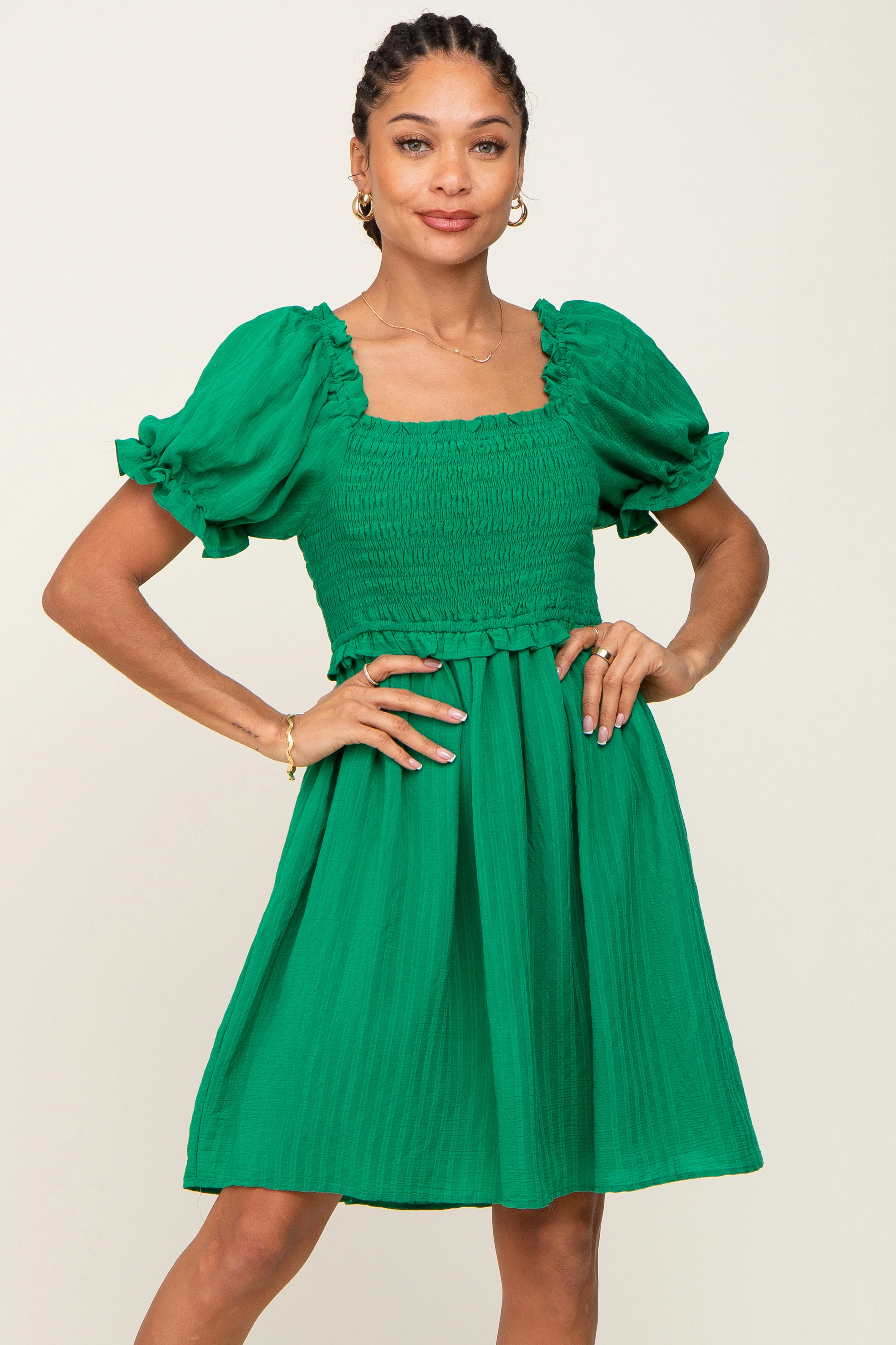 Green Smocked Puff Sleeve Maternity Dress sold by Pinkblush product image thumbnail 5