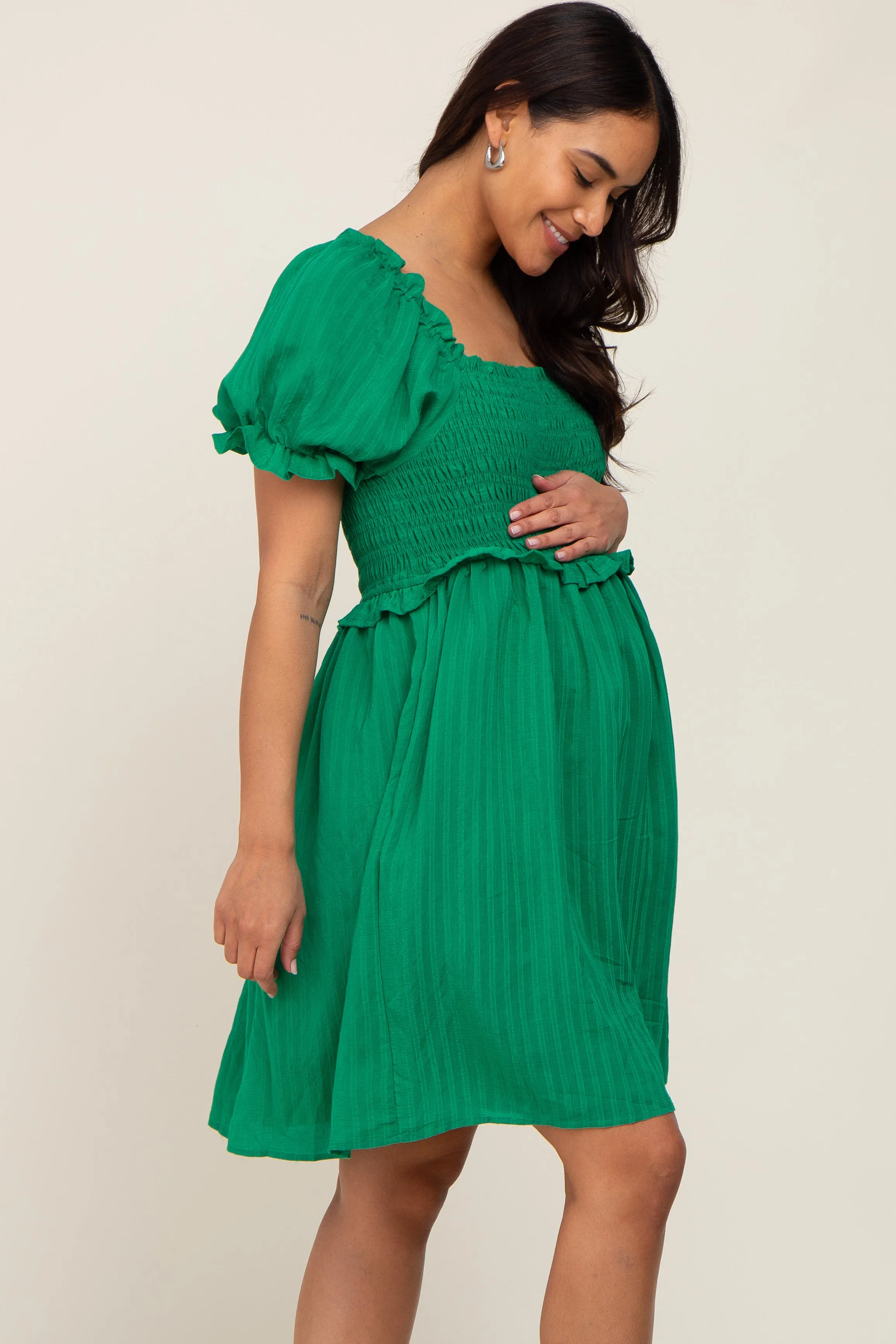 Green Smocked Puff Sleeve Maternity Dress sold by Pinkblush product image thumbnail 2