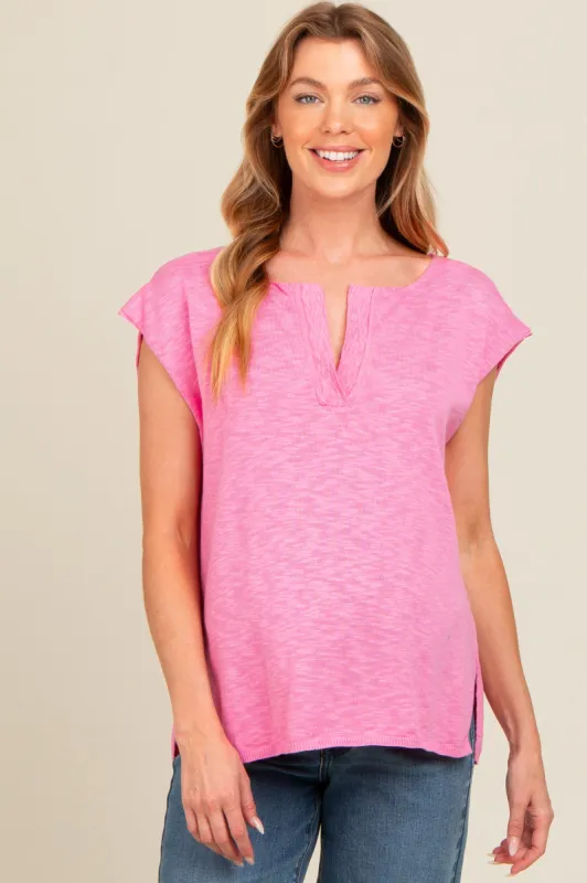 Pink Two Tone Split V-Neck Dolman Short Sleeve Maternity Top sold by Pinkblush