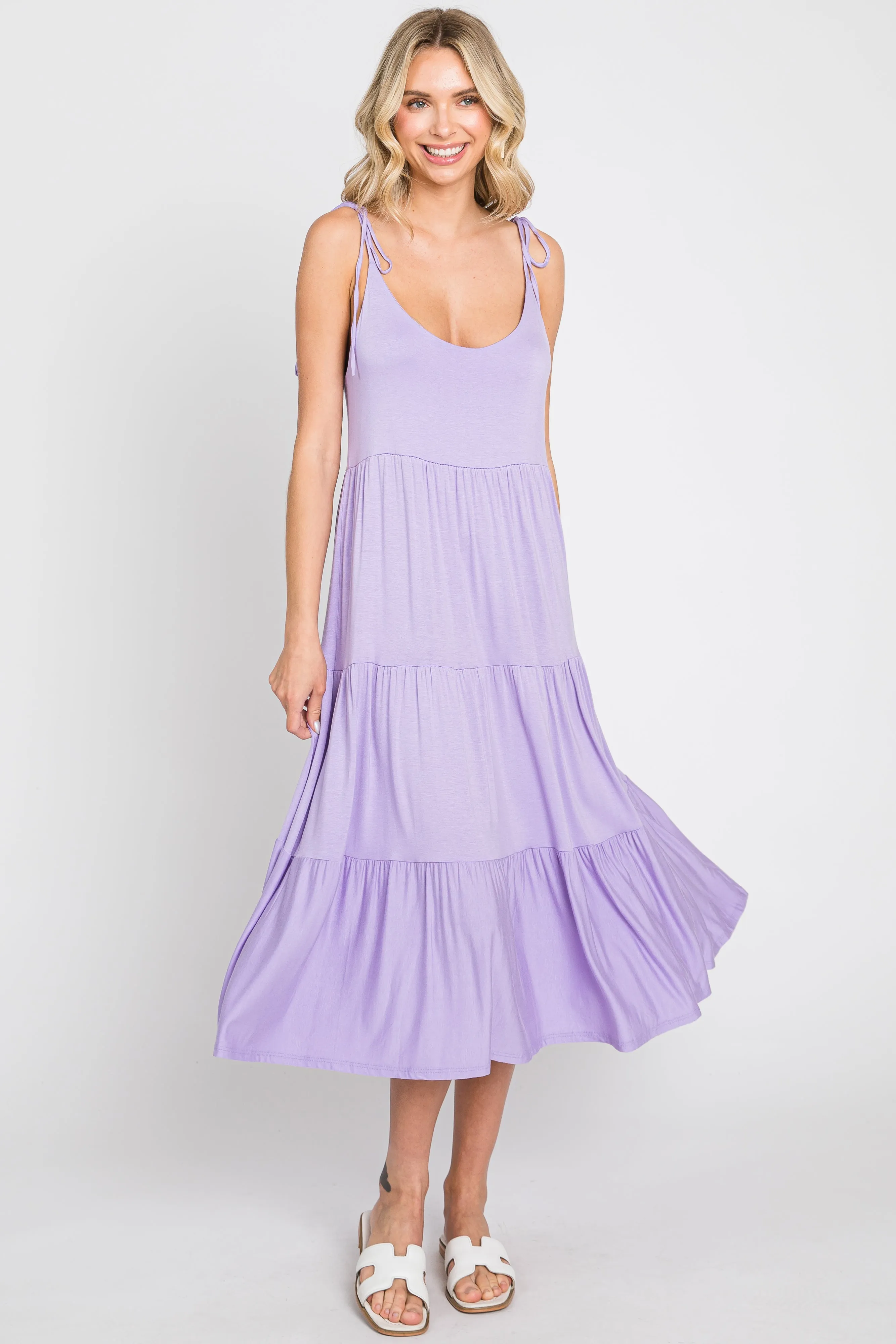 Lavender Sleeveless Tiered Midi Dress sold by Pinkblush