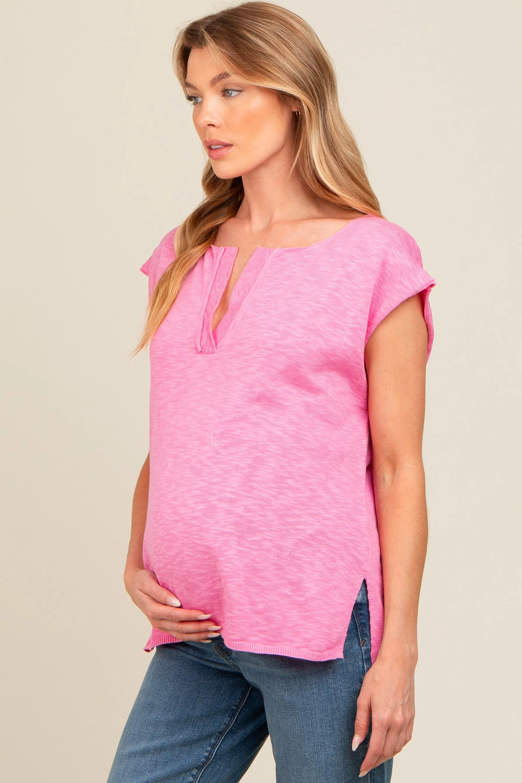 Pink Two Tone Split V-Neck Dolman Short Sleeve Maternity Top sold by Pinkblush product image thumbnail 2