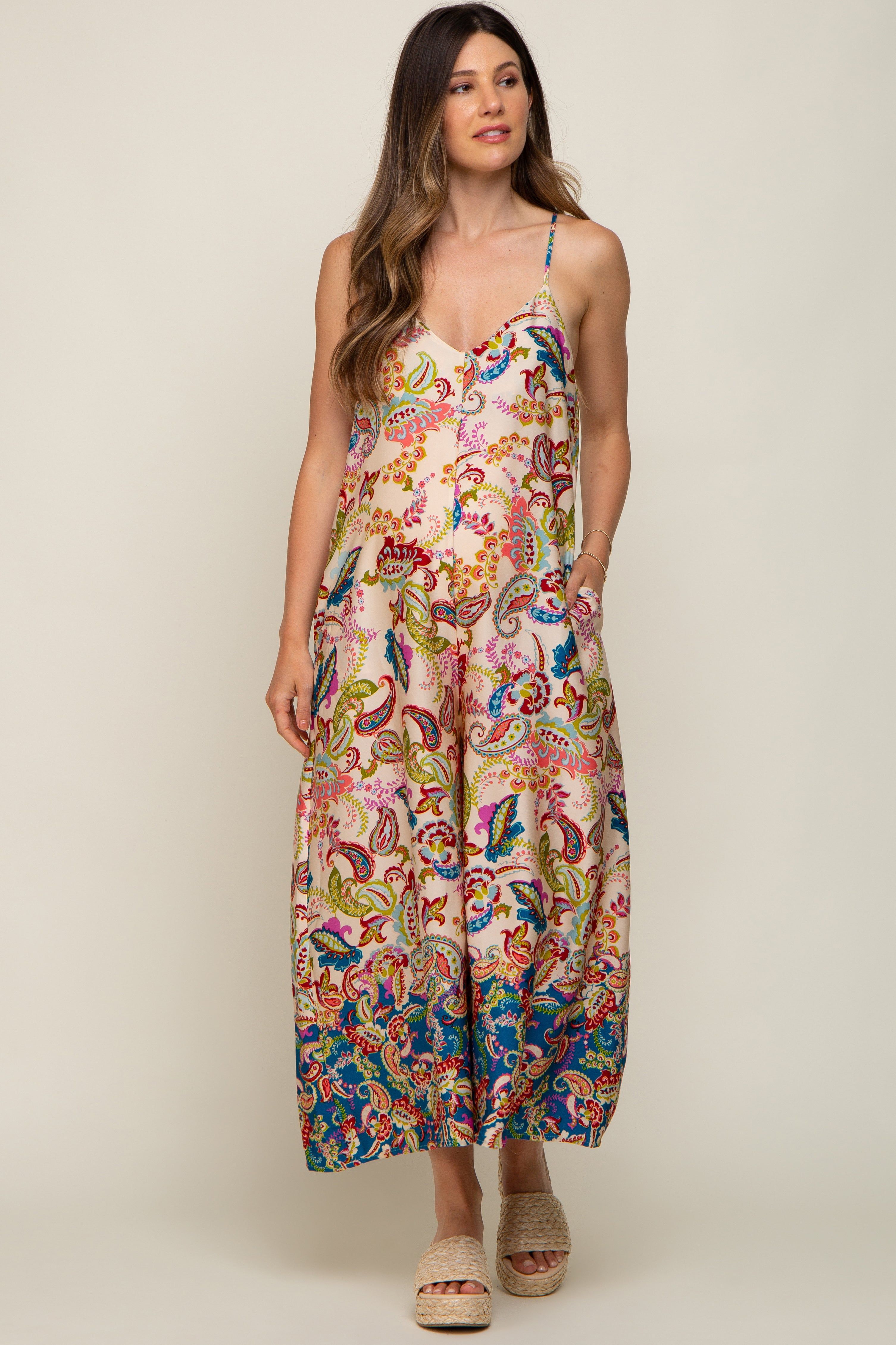Beige Floral Paisley Cropped Maternity Jumpsuit sold by Pinkblush product image thumbnail 4