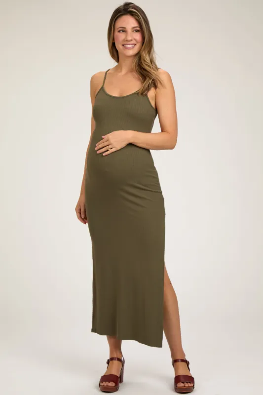 Olive Ribbed Sleeveless Side Slit Maternity Dress sold by Pinkblush