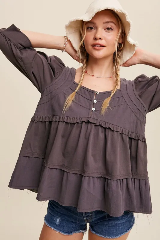 Charcoal Button Front Contrast Babydoll Top sold by Pinkblush
