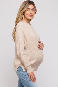 Beige Knit Side Slit Maternity Sweater sold by Pinkblush