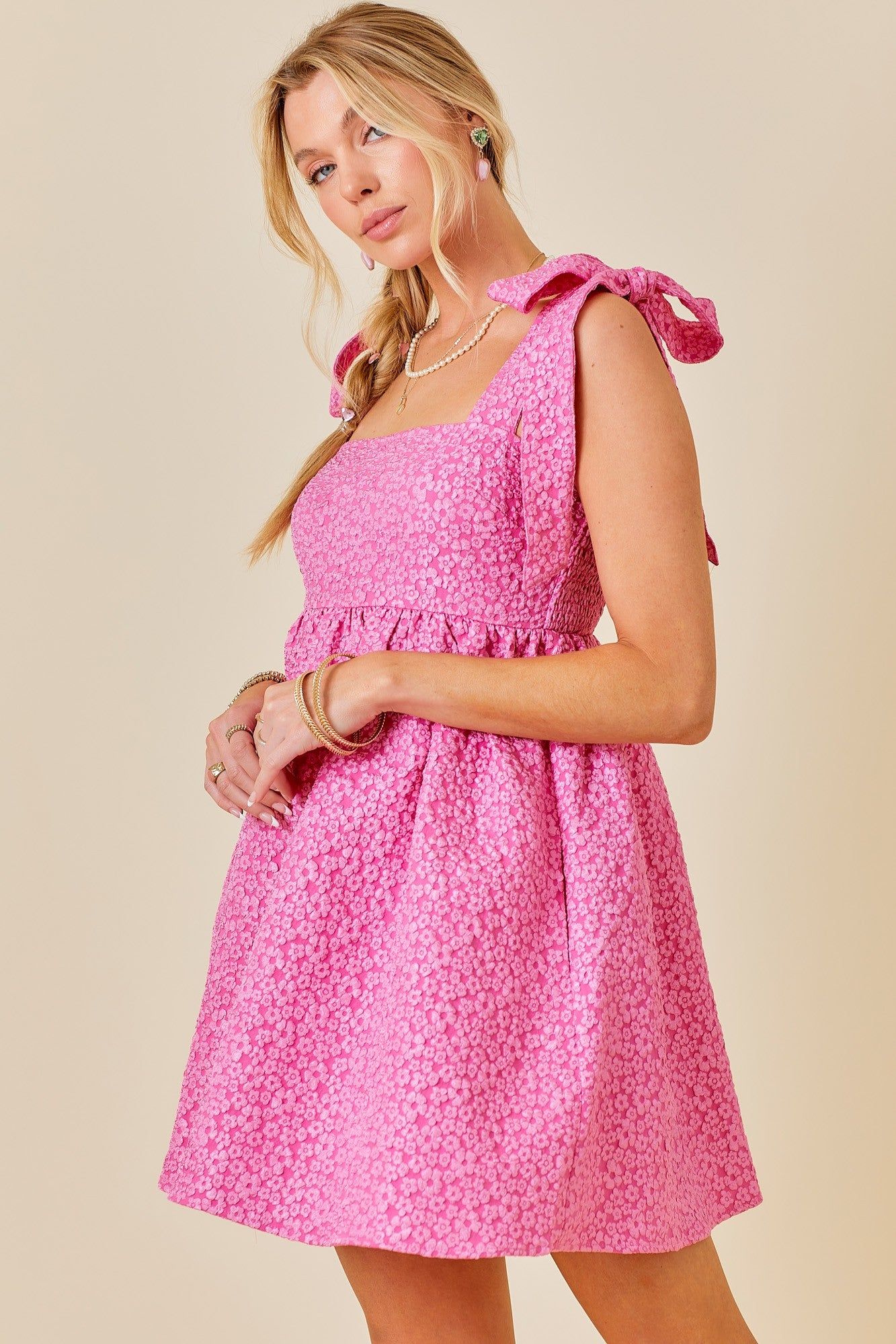 Hot Pink Floral Jacquard Mini Dress With Shoulder Straps sold by Pinkblush product image thumbnail 2