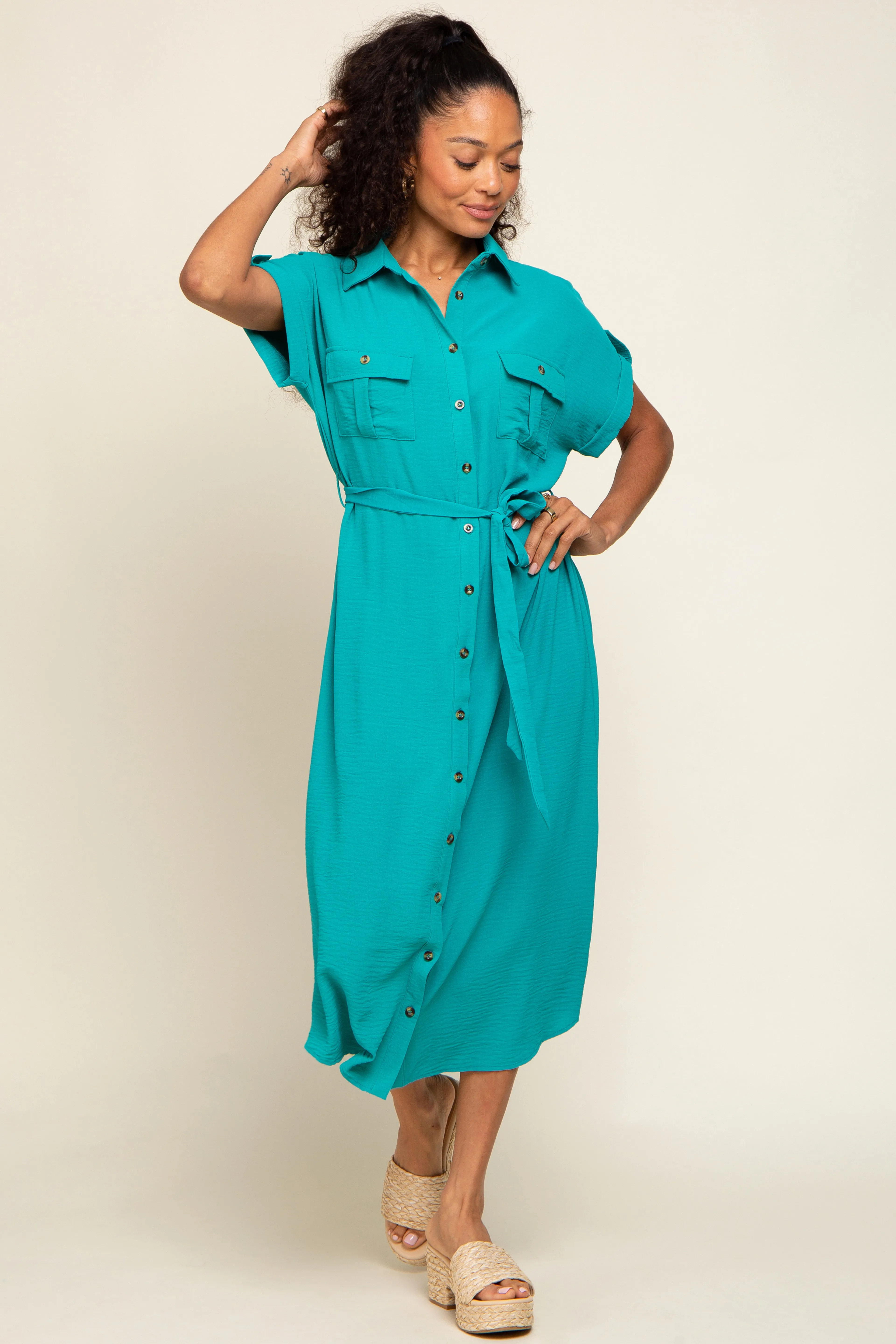 Emerald Green Button Up Front Pocket Maternity Midi Dress sold by Pinkblush product image thumbnail 5