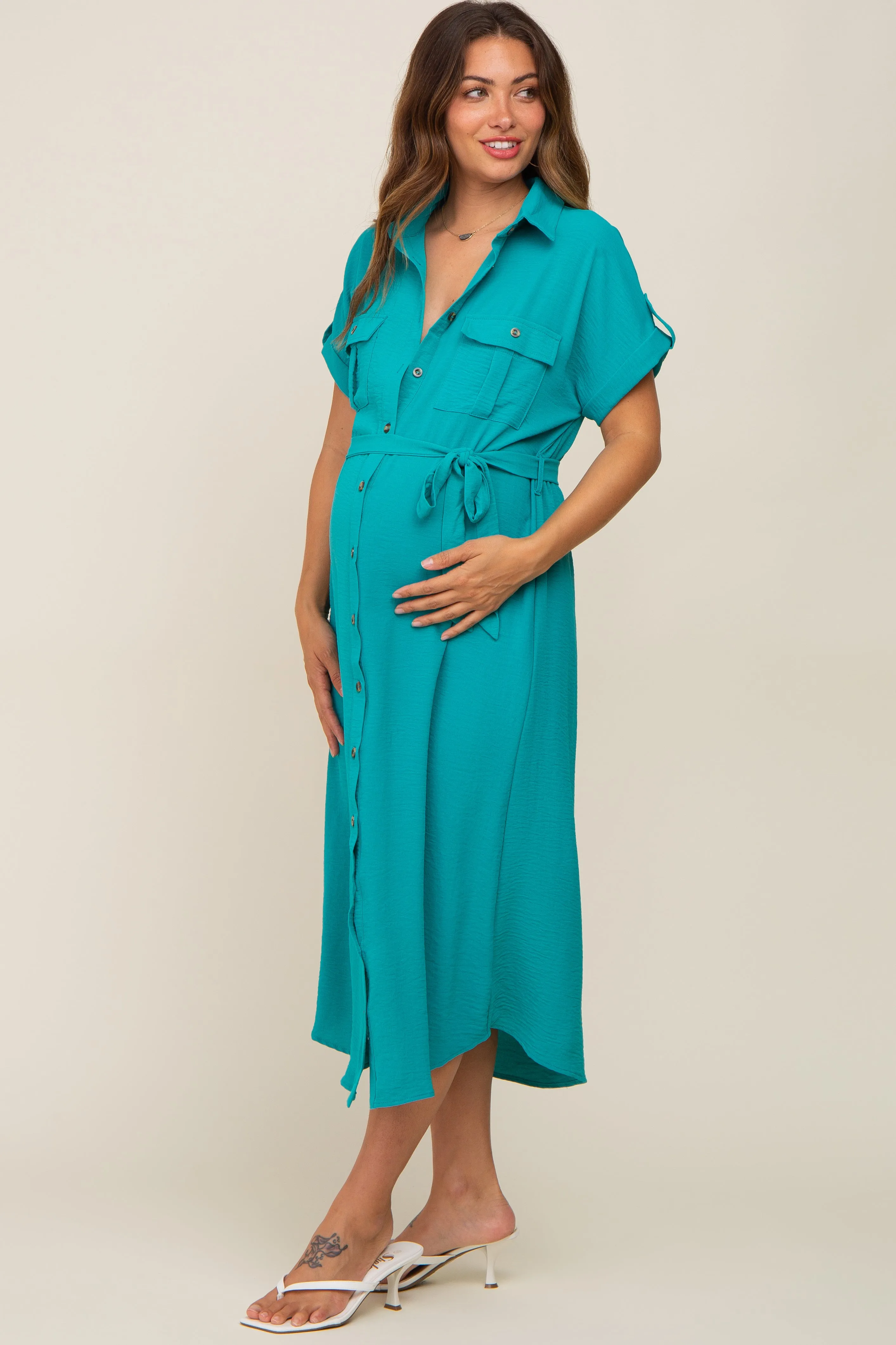 Emerald Green Button Up Front Pocket Maternity Midi Dress sold by Pinkblush product image thumbnail 2